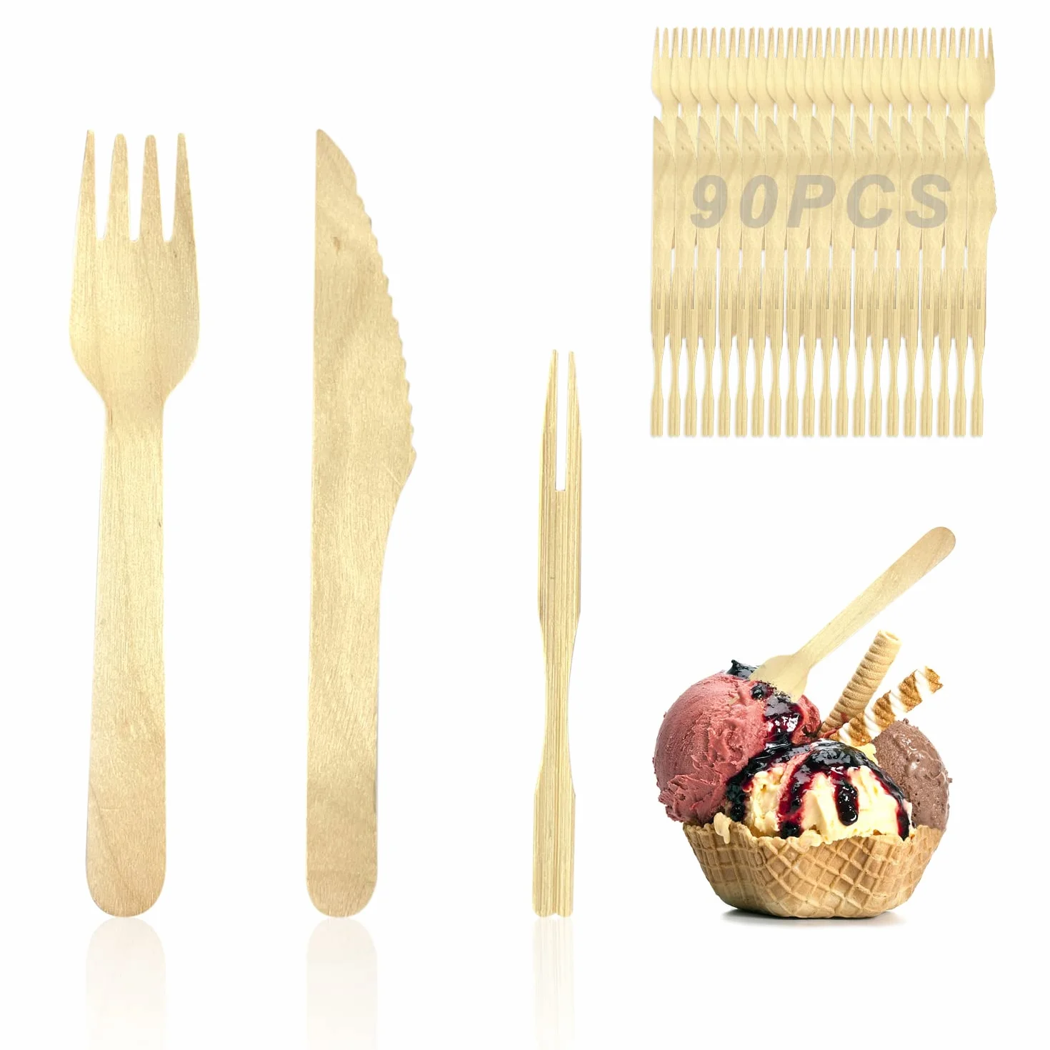 Juego de tenedor y cuchillo de madera desechable de 90 piezas, incluye 30 cuchillos, 30 tenedores y 30 palitos de fruta de bambú degradable