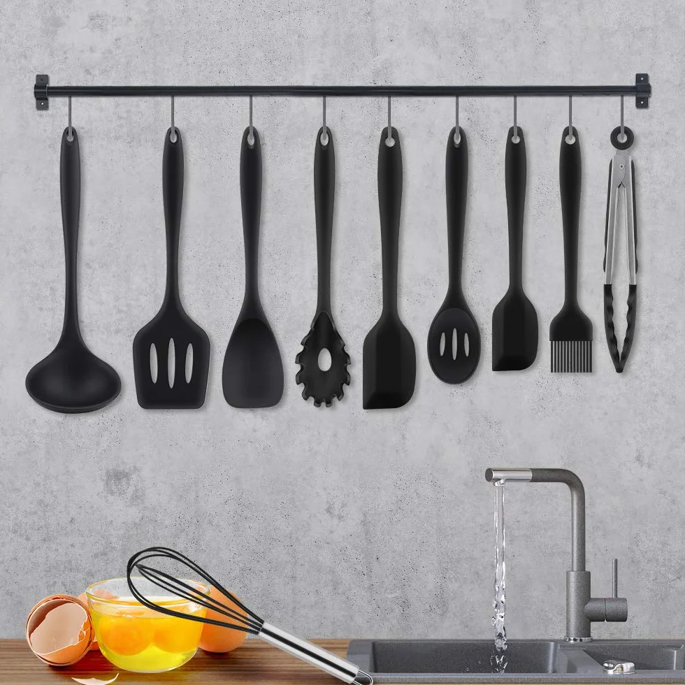 Utensilios de Cocina de Silicona, Herramientas Antiadherentes para Hornear Resistentes al Calor -10 Juegos - Negro (Cucharas de Cocina,Cucharas de Drenaje,Espátulas,Pinza,Cuchara para Espaguetis)