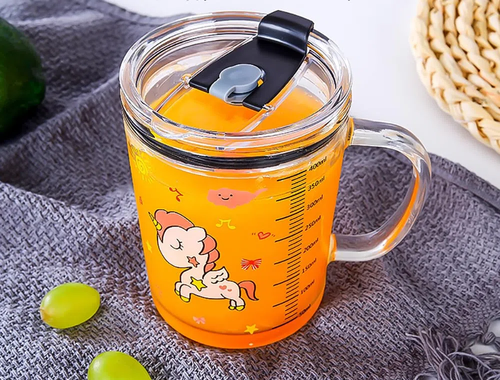 Vaso cristal con tapa y pajita, Cristal transparente con paja, 350 ml Tazas Medición Vaso Leche para Café Jugo Té Helado, unicornio, 350 ml
