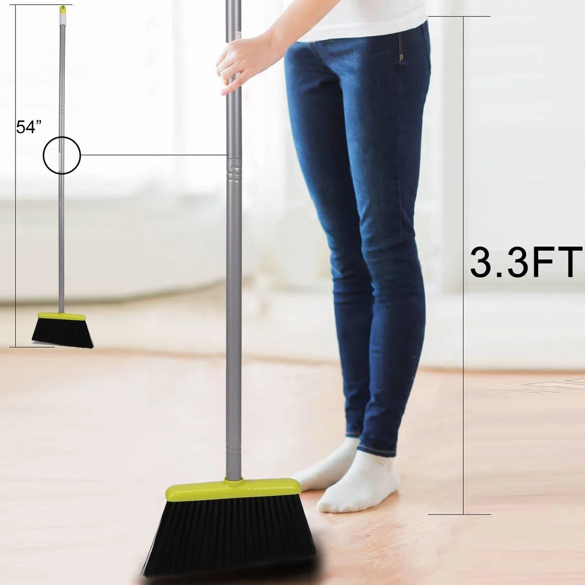 TreeLen Escoba y Recogedor, Set de Broom y Dustpan con Mango Largo, para Oficina y Hogar, con Bloqueo de Recogedor y Cerdas de Goma, Verde/Gris