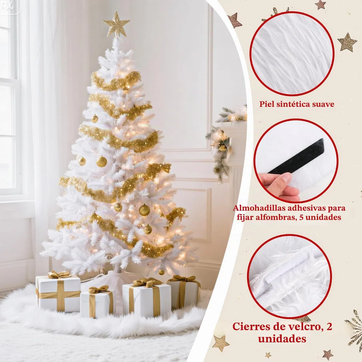 Faldón para Árbol de Navidad 90cm, Cubresuelos de Pelo Blanco Suave con 5 Adhesivo para Fijar alfombras para Decoración de Árbol de Navidad, Decoración Navideña para Interior