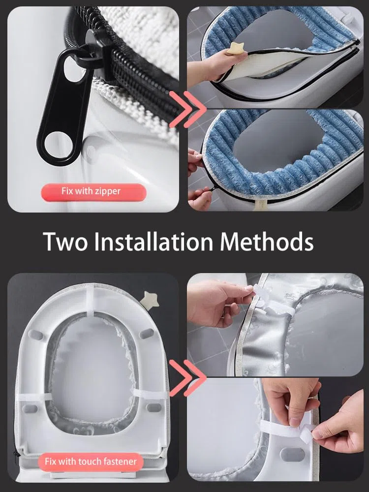 Paquete de 2 fundas de asiento de inodoro más gruesas y suaves, fundas de cojín para asiento de inodoro para baño, lavables y cálidas, con cremallera y asa, se adapta a la mayoría de tamaños de tapas