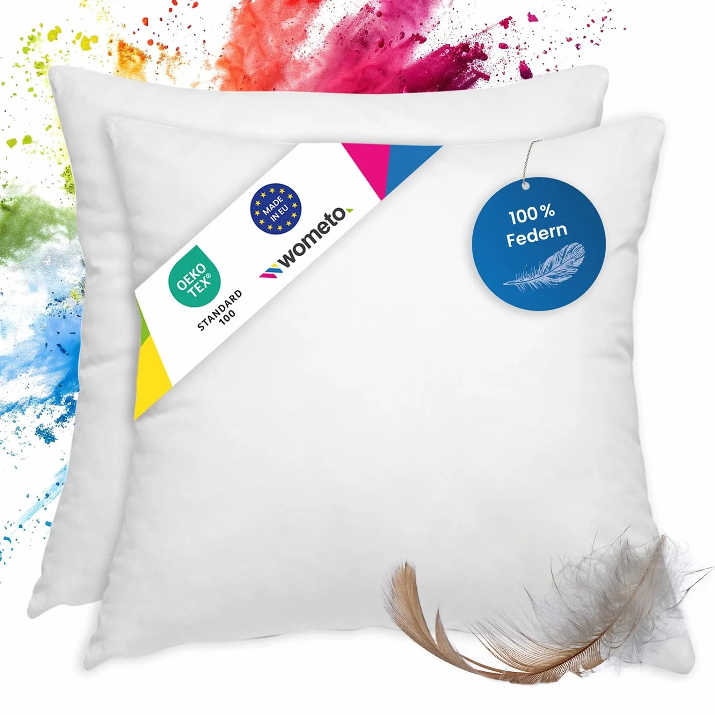 wometo Juego de 2 almohadas de plumas 100% plumas, 50 x 50 – 600 g, funda de algodón, color blanco, relleno de cojín, almohada pequeña (2 unidades)
