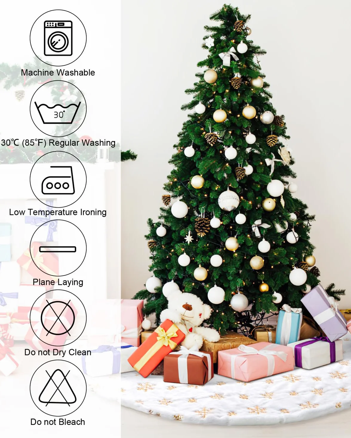 COOLWUFAN 48 Inches/122CM Falda para Arbol de Navidad para Decoraciones de Fiesta de Navidad de Arbol de Navidad Copo de Nieve de Lentejuelas Dorado de Felpa Blanca