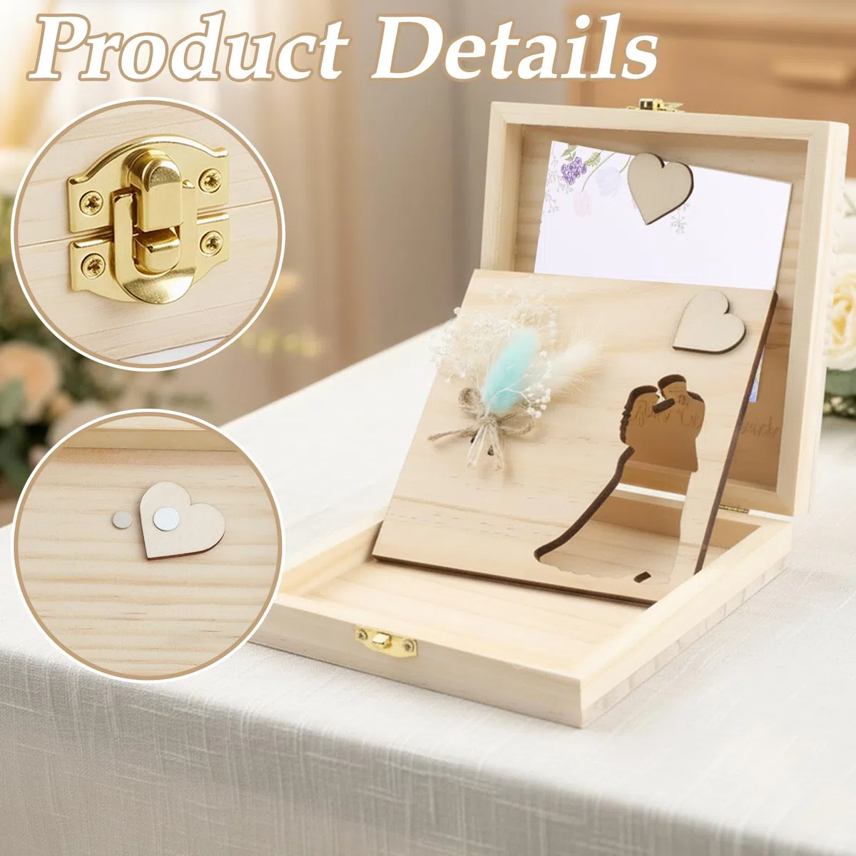 KingYH Regalo de Dinero para Boda Caja Regalos Boda Novios Regal Cajaa Madera para Recién casados Regalo Regalos de Boda para Los Novios con Caja de Madera Flores