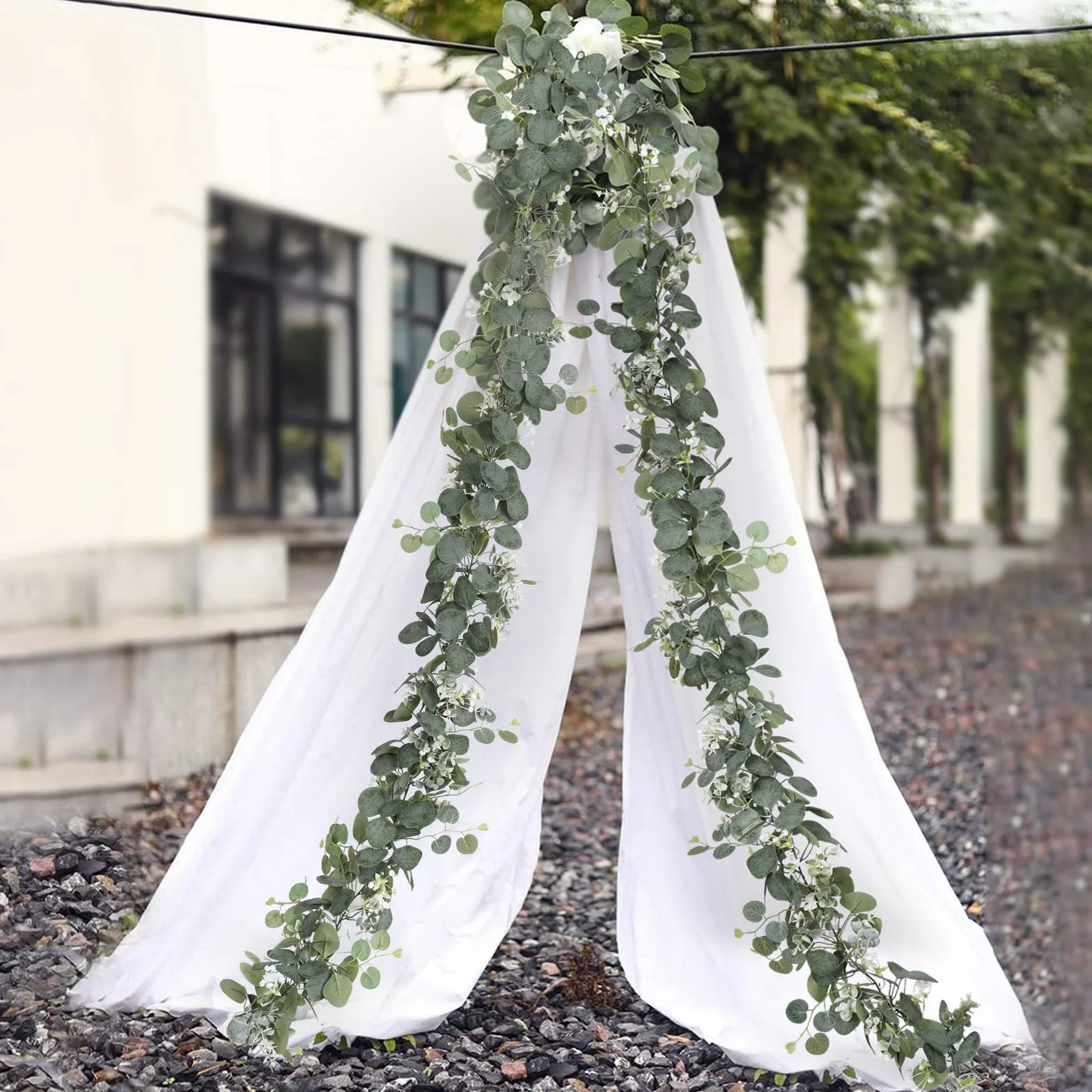 2pcs Guirnaldas Artificiales de Eucalipto con Hojas de Sauce Hojas Verdes Guirnalda de Flores Blancas Planta Artificial para Decoración de Fondo Boda Camino de Mesa Central