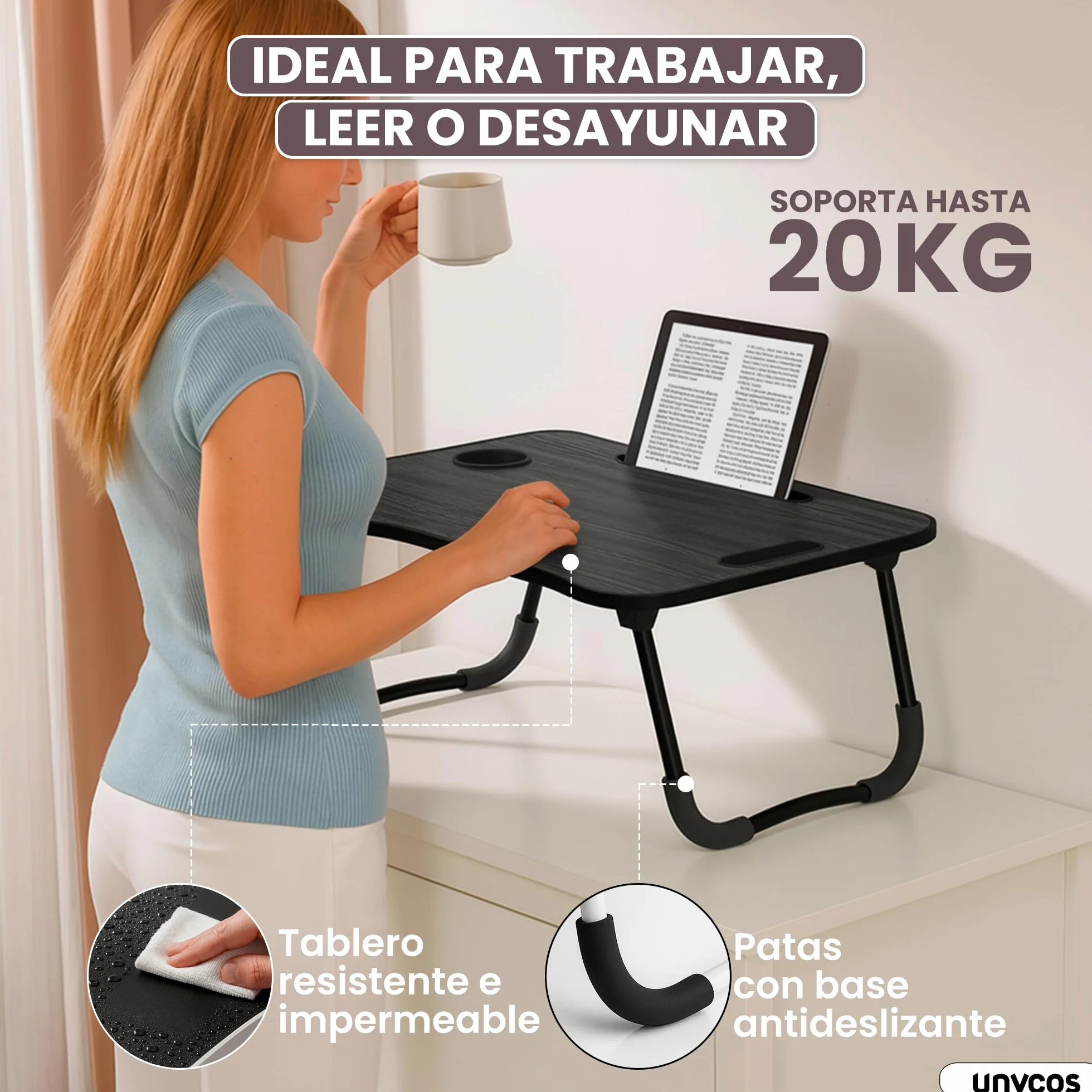 unycos - Bandeja para Cama, Mesa Plegable de Desayuno, Multiusos, Ideal para Portátil, Ordenador y Libros, Ergonómica, Mesa Auxiliar con Atril para Leer en la Cama 60x40x26 cm (Negro/Gris sin Cajón)