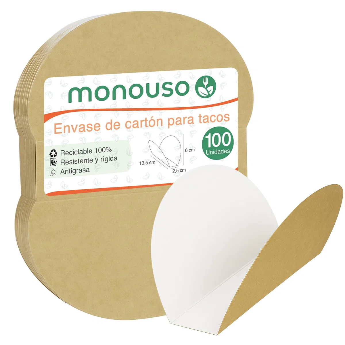 100 Soportes para Tacos 13,5x2,5x6cm, Cartón, Biodegradables, Bandejas para Tacos, Porta fajitas, Take away