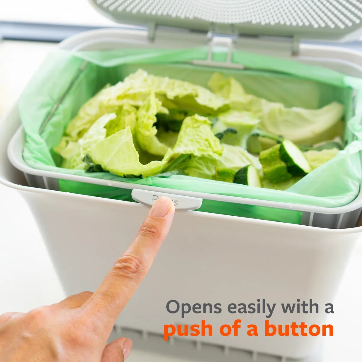 Full Circle Cubo de Basura de Encimera para Orgánicos | Compostador Anti-Olores | Apertura con Botón, Apto Lavavajillas, Incluye 5 Bolsas Compostables | Contenedor Compacto para Cocina
