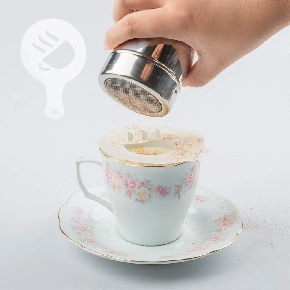 3 paquetes Acero inoxidable Sacudidor de polvo con 16 piezas Plantillas de moldes de impresión, Latas de polvo con malla para el café Capuchino Latté