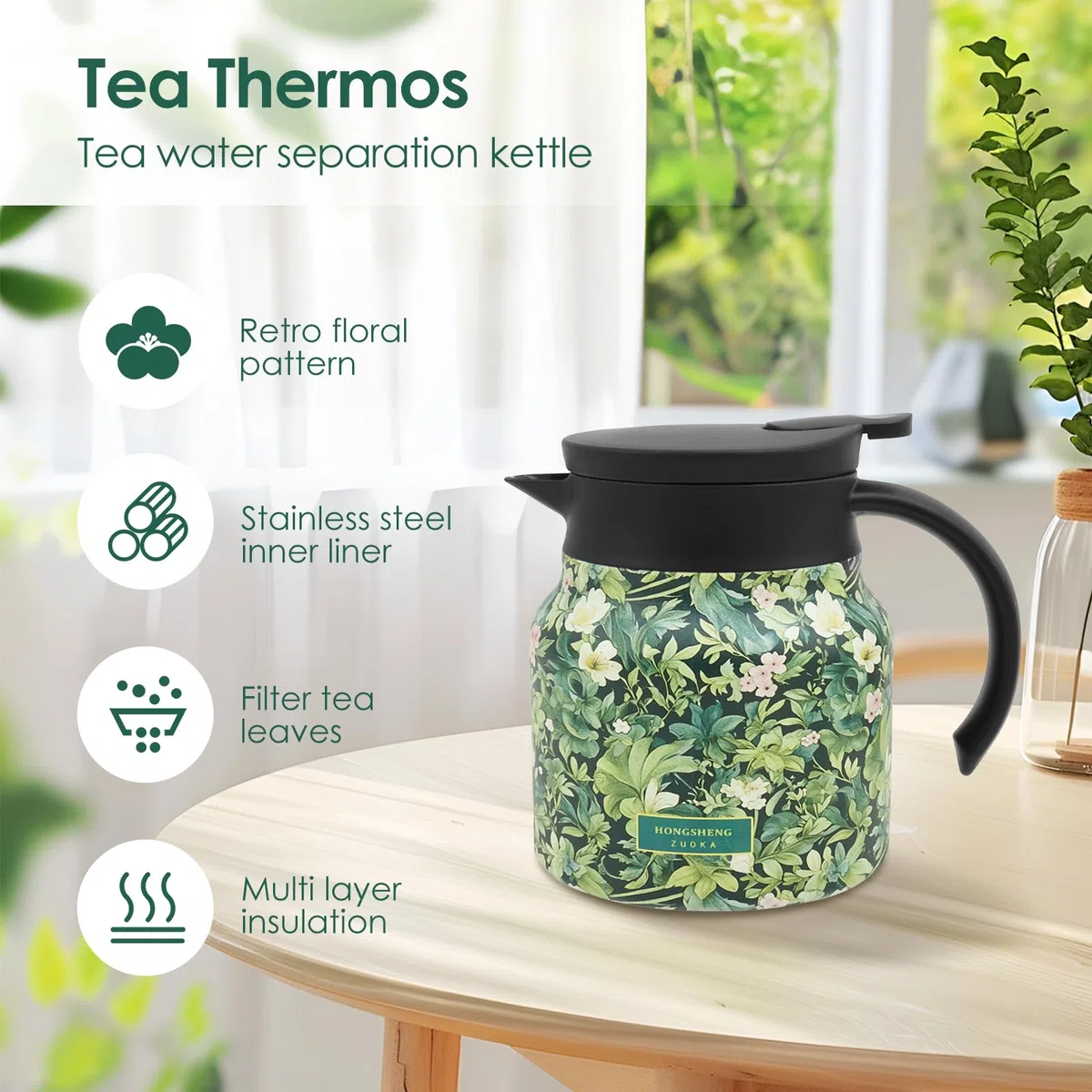 Termo con colador de té, tetera térmica de 800 ml, aislamiento multicapa, acero inoxidable, bien sellada, para café, té y leche (verde)