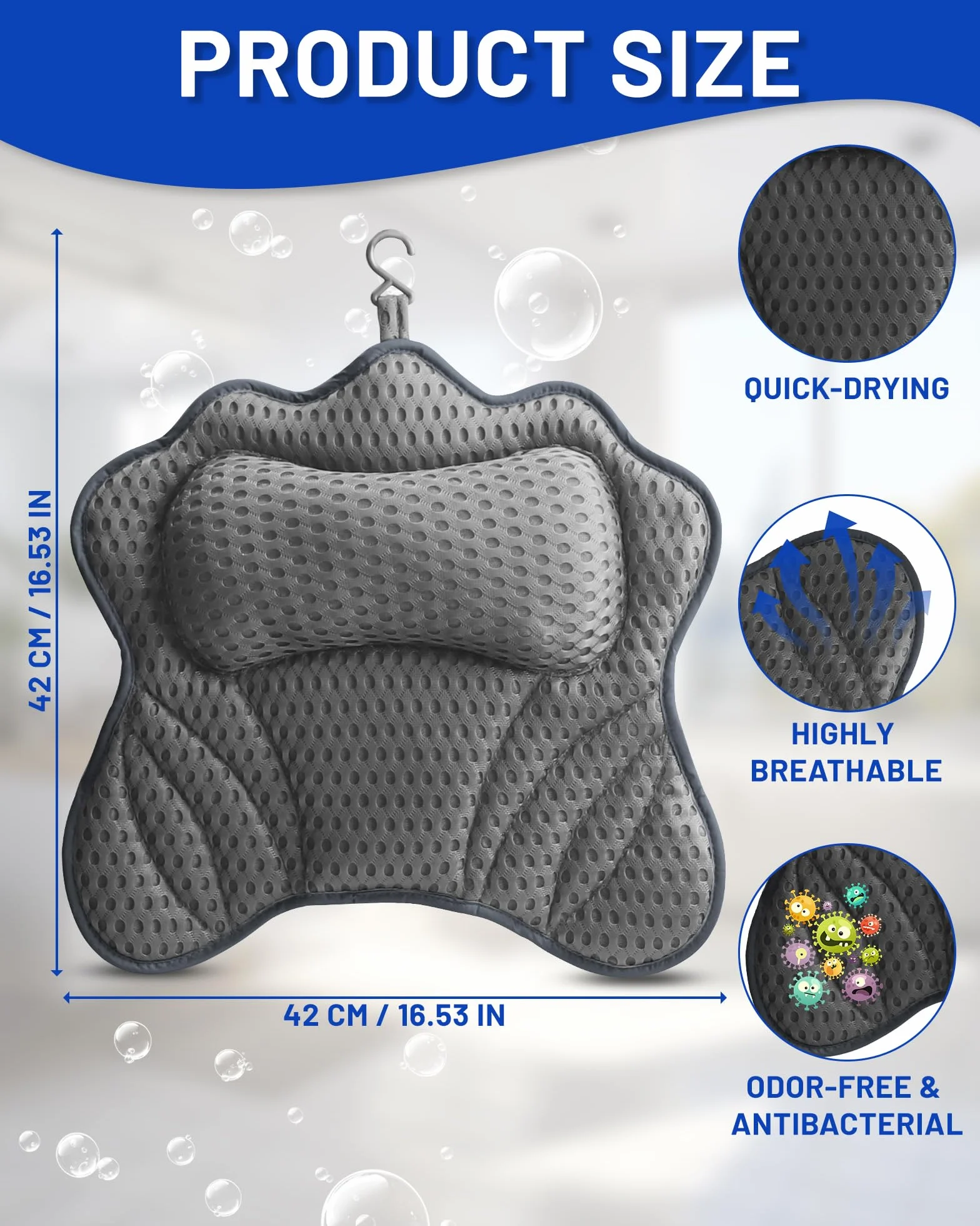 Almohada para Bañera, Almohada de Baño, Cojín de Bañera con 6 Ventosas Antideslizantes, Malla 4D, Almohada Bañera para Cuello, Cabeza y Hombros