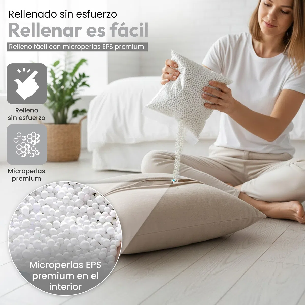 Bolsa perezosa original EPS relleno de puf de perlas pelotita de espuma de poliestireno rellena el paquete de relleno para pufs, cojines de asiento, cojines para el cuello y mucho más. (10 Litros)