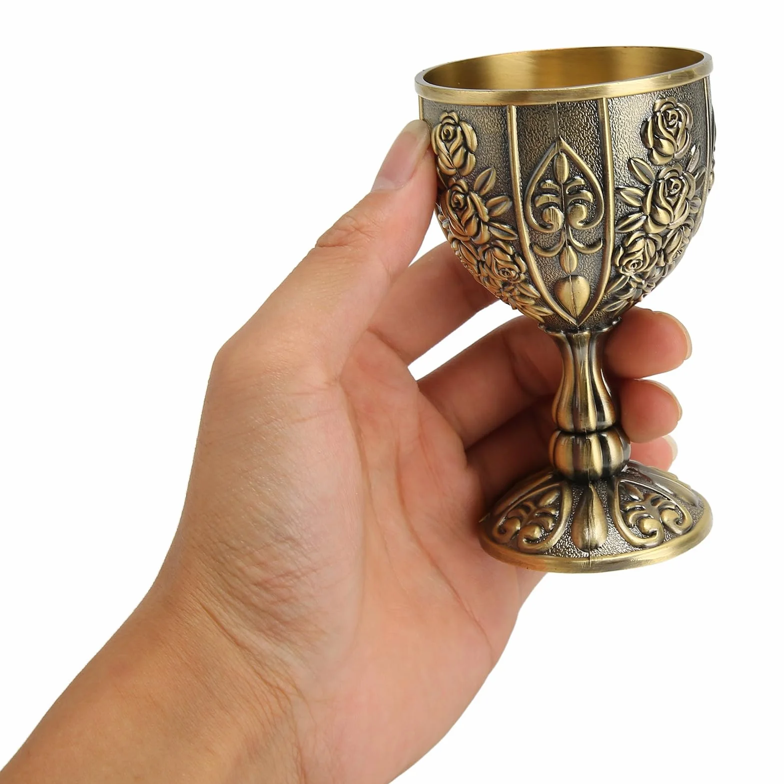 Copa de Vino Vintage, Taza de Vino en Relieve con Patrón de Flores, Mini Copa de Cáliz Retro para Bares Domésticos, Fiestas, Bodas, 6,3x10,3cm(Bronce)
