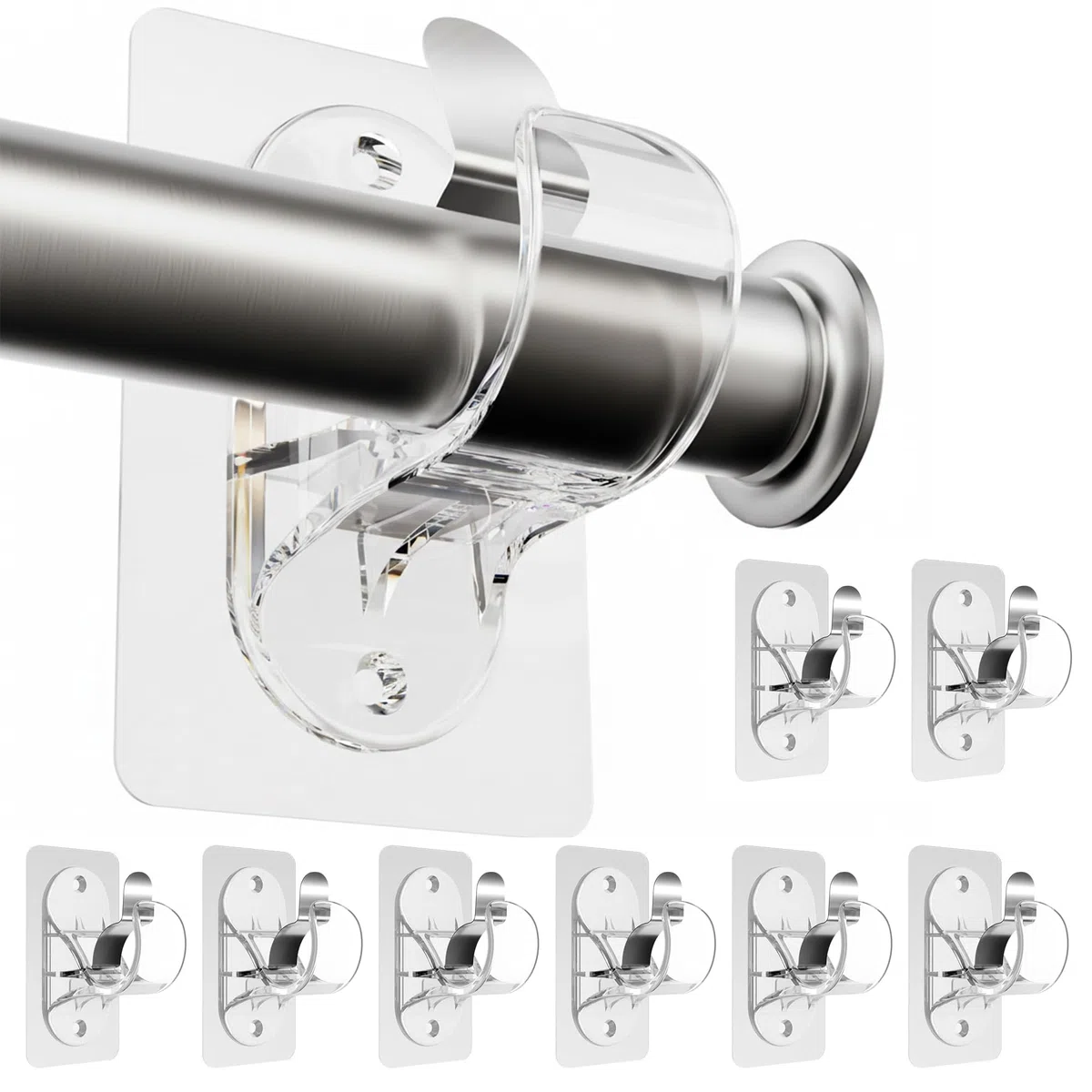 Soporte para Barra de Cortina Sin Taladrar, Ganchos Adhesivos Transparentes con Tornillos, Soportes Adhesivos para Cortinas de Baño, Cocina, Salón, Dormitorio (8 Piezas Transparente)