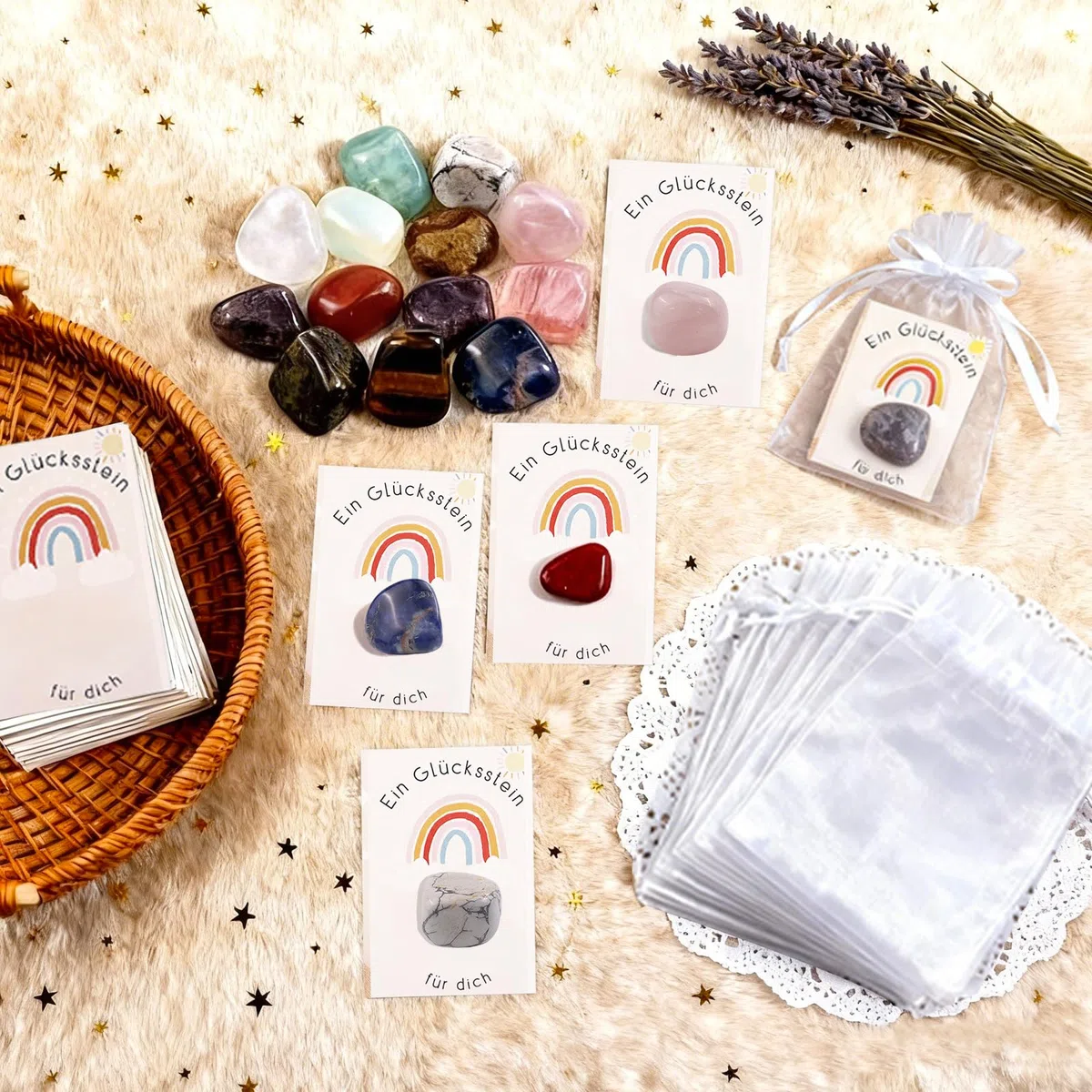 12 x Piedras de duende, piedras preciosas coloridas para niños, con tarjeta de felicitación y bolsa de organza, calendario de adviento de piedras preciosas, piedras de la suerte para niños y adultos