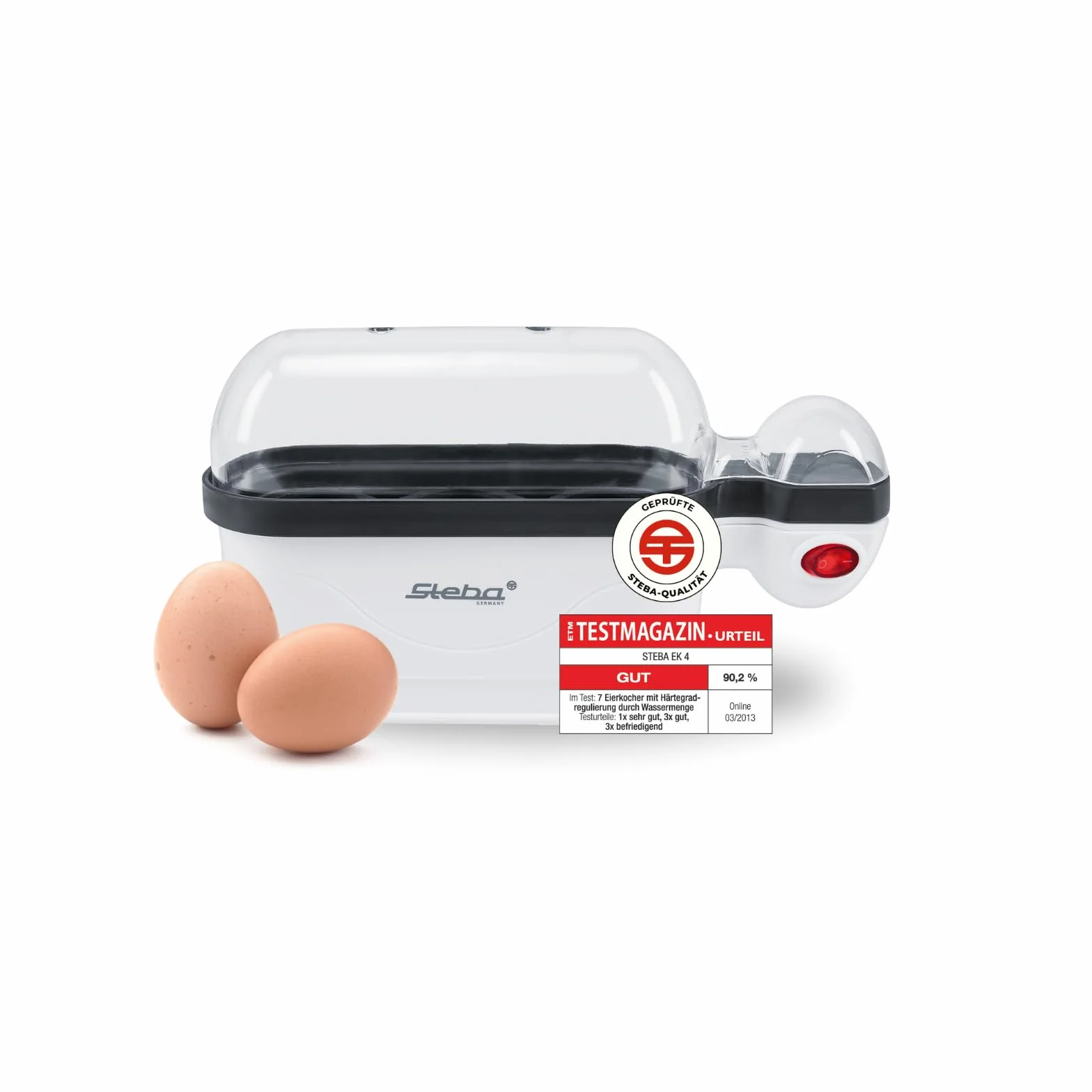 Cocedor de huevos Steba para un máximo de 3 huevos con señal en el extremo y tapa transparente. EK 4.