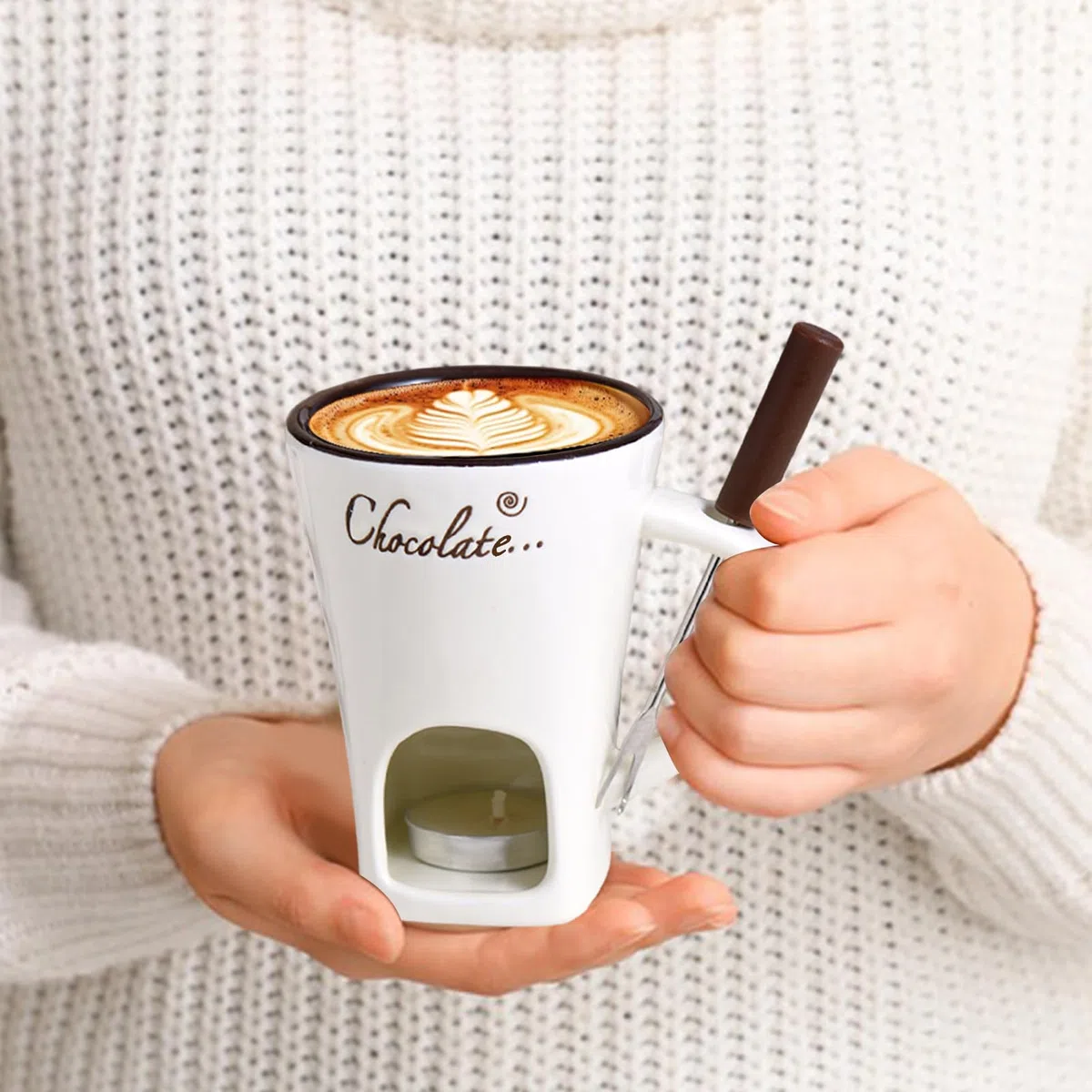 Taza de Fondue de Chocolate 11x8,8x1 2cm Juego de tazas para fondue de chocolate con Vela y Tenedor 200 ml Taza de Cerámica Calientatazas para Fondues Resistente al calor para Queso Mantequilla