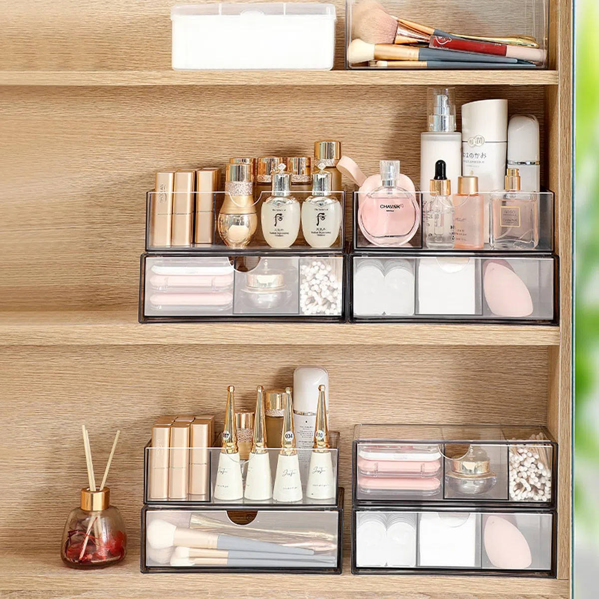 Cosmetic Organizer Set de 2 cajones acrílicos apilables, caja de almacenamiento de maquillaje transparente, para dormitorio, tocador, armario de espejo interior