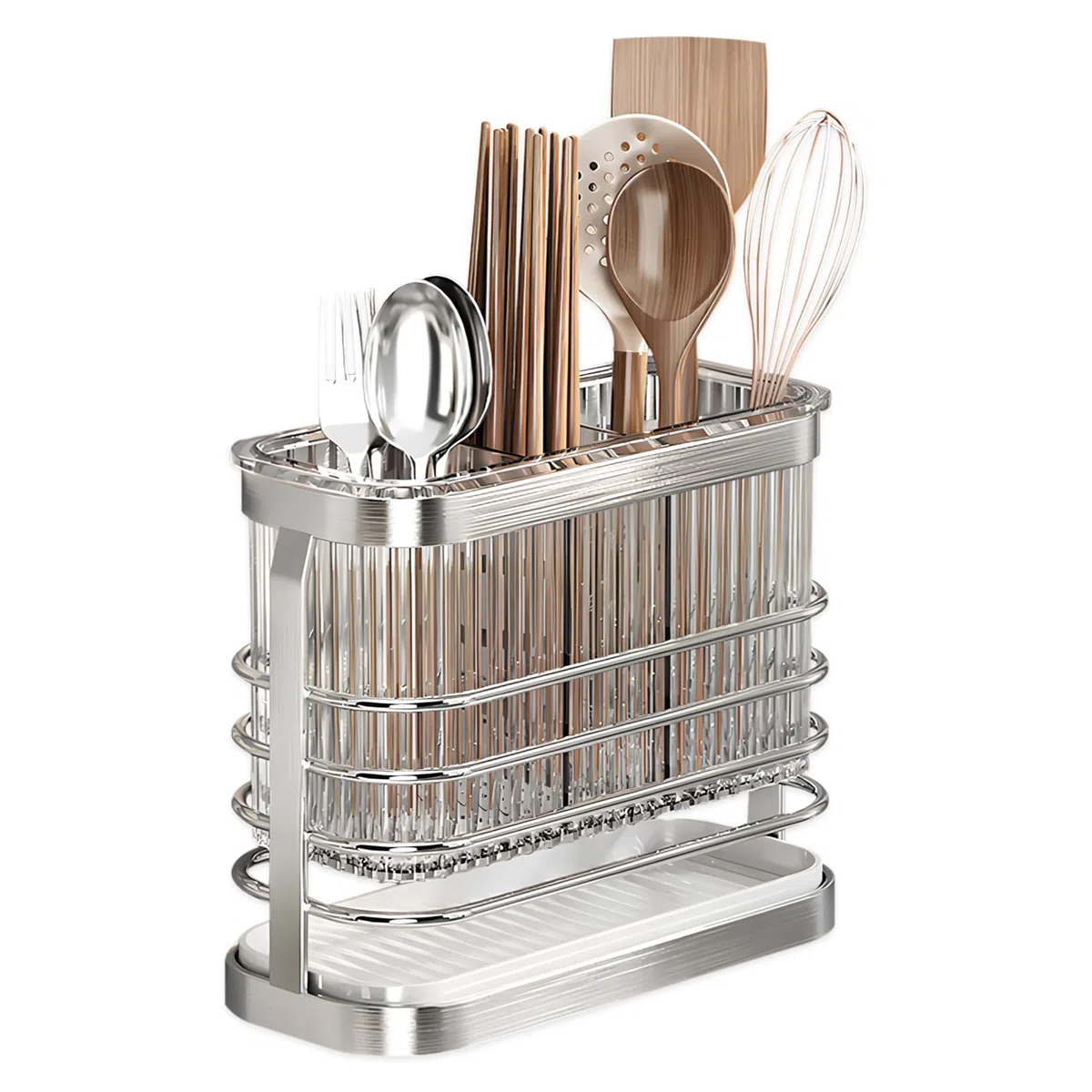 Escurridor Cubiertos, Soporte Utensilios Cocina, Cesta para Cubiertos de Acero Inoxidable, 3 Compartimentos, Sin Necesidad de Taladrar, de Pared, Extraíble, con Bandeja Recogegotas, Plata