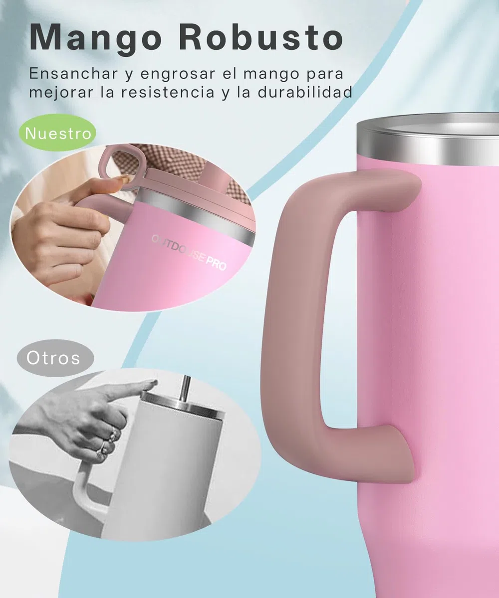 1200ml Taza Térmica - Vaso Térmico con Asa y Pajita - Termo Café sin BPA 1.2L - Taza para Beber Caliente y Frío - Rosa