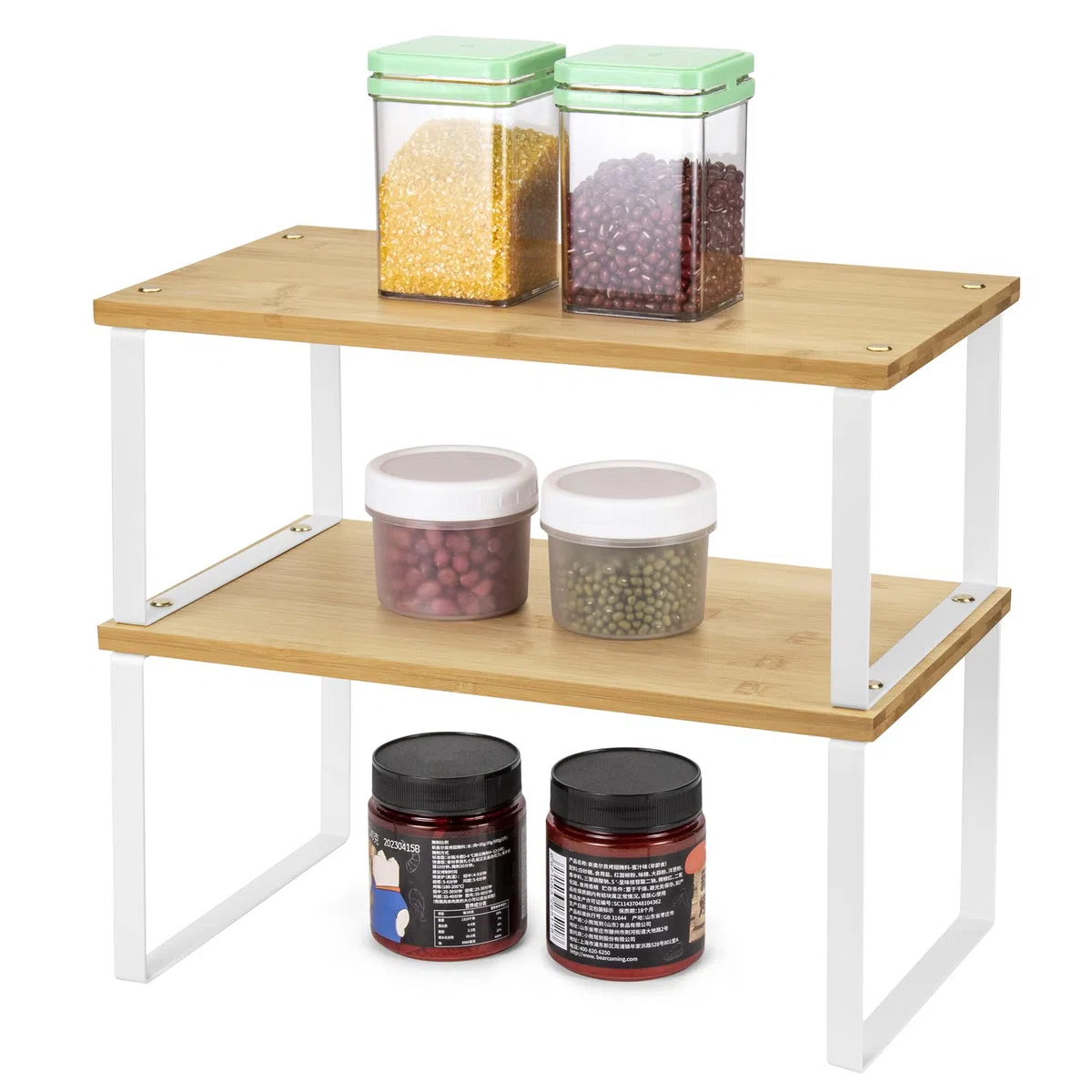 QIWODE Estante organizador expandible para gabinete, juego de 2 estantes de almacenamiento apilables para encimera de cocina, estante de despensa, estante de especias, metal y bambú