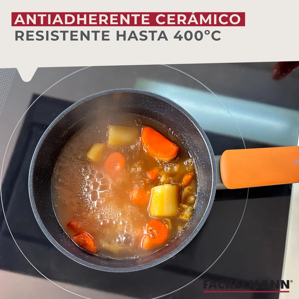 Fackelmann Soft Cazo Antiadherente 16 cm, Aluminio Forjado, Revestimiento Cerámico Greblon Libre de PFA, Apta para Inducción, Vitro, Gas y Horno, Mango Soft Touch Resistente al Calor, 1 ud.