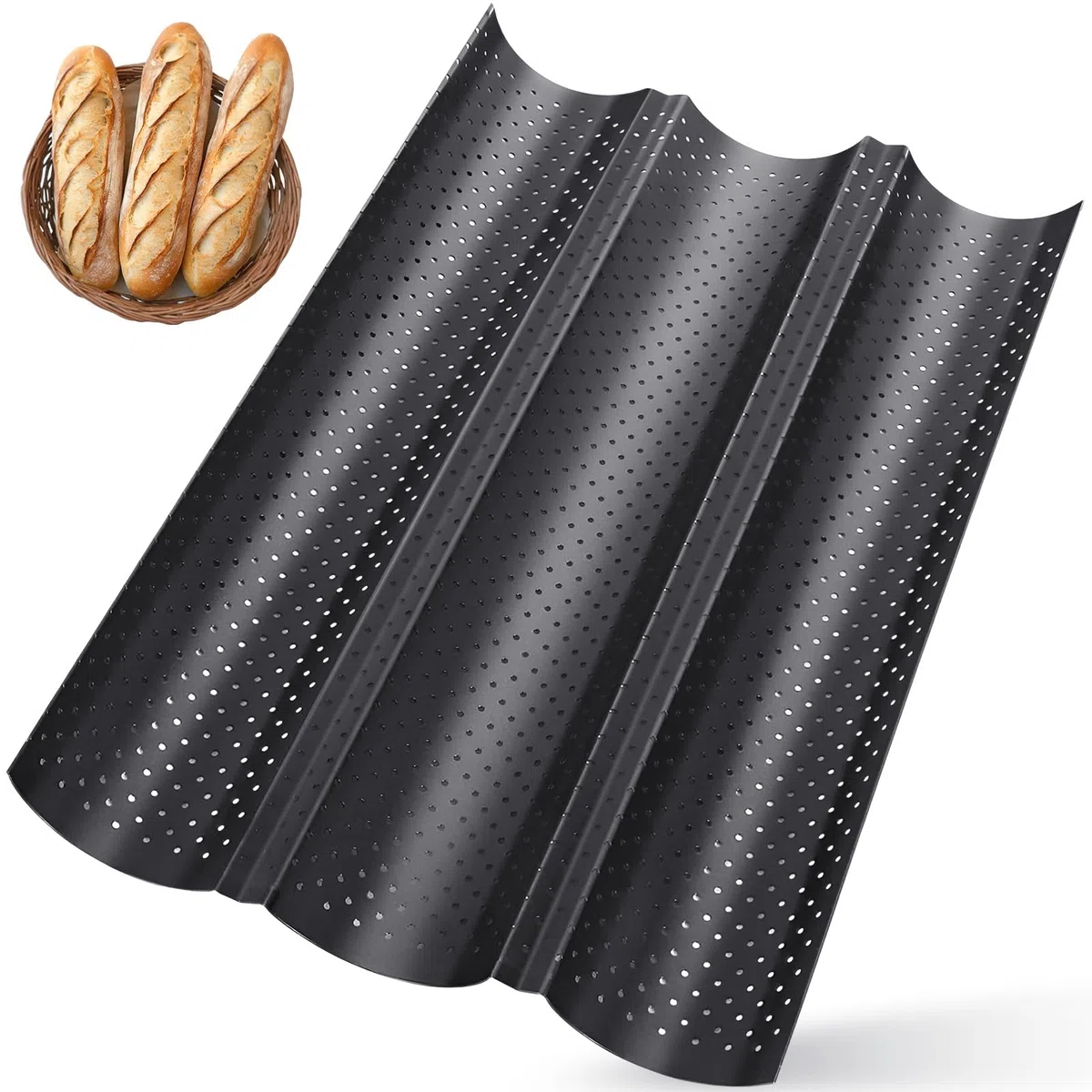 Moldes Baguette con Recubrimiento Antiadherente, Molde Barras Francesas Acero Carbono, Bandeja Pan Francés Perforado 38 x 24,5 cm, Accesorios Hornear Baguettes para Panaderías Doméstico (Negro)