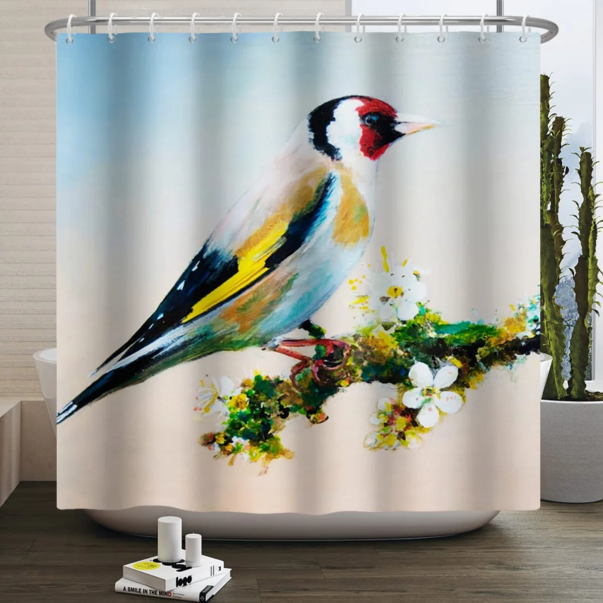 165x180cm Ländlich Vögel Drucken Duschvorhang Stieglitz on Äste Weiß Blume Weinlese Original Öl Klassische Malerei Kunstwerk Badezimmer Vorhang für Badewannen Dekor Sets mit Haken