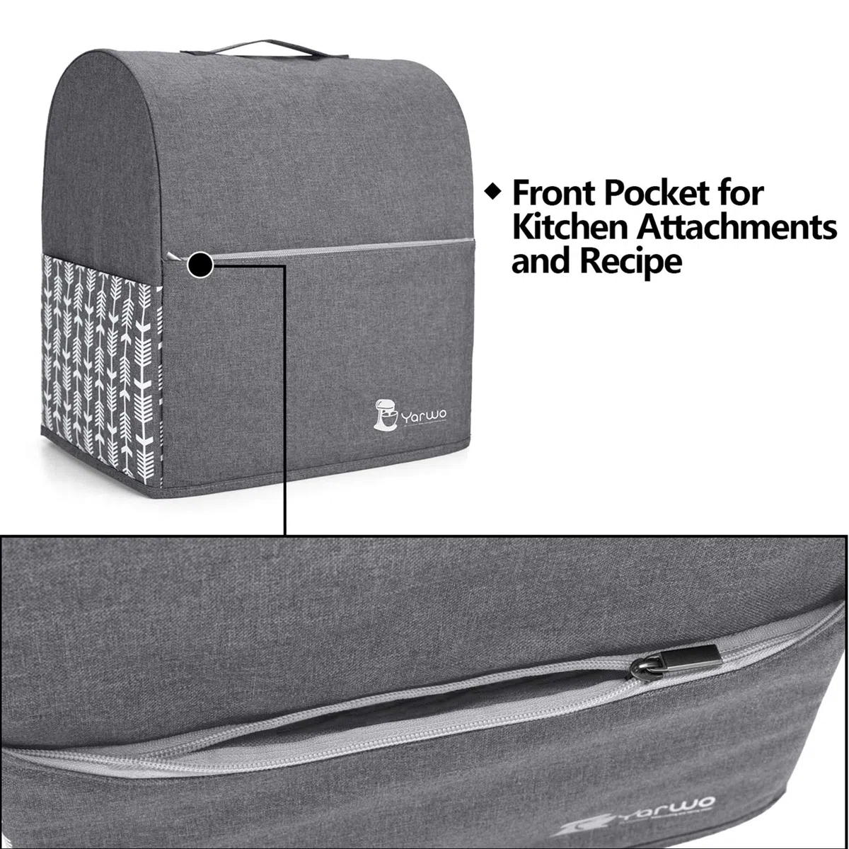 Yarwo Funda para KitchenAid Robots de Cocina, Cubierta para Batidoras Amasadoras, Encaja para Todos Batidoras Amasadoras de 5.7 litros y 7.6 litros(Grande, Gris con Patrón de Flecha)