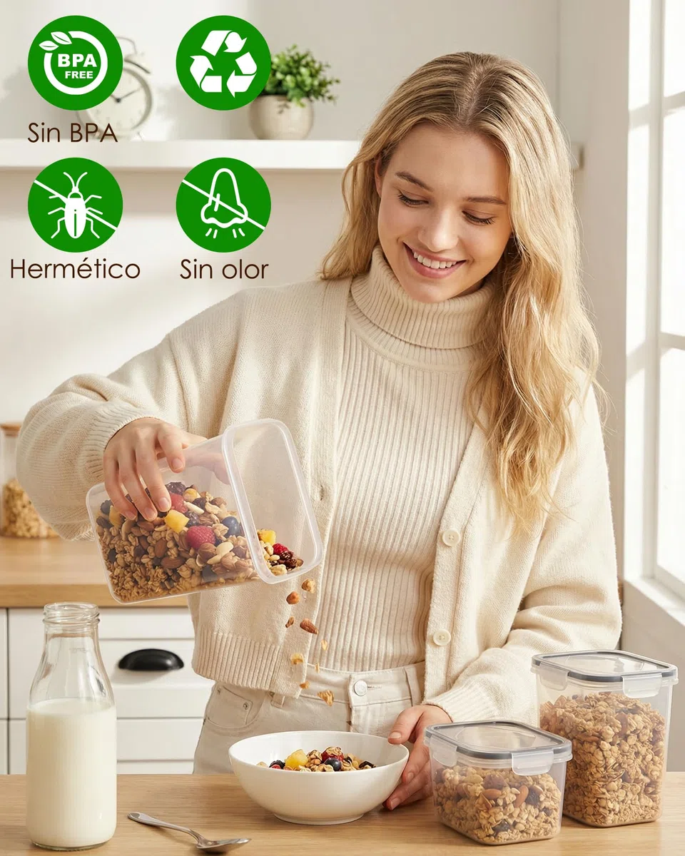 Recipientes herméticos para alimentos con tapa, 9 unidades, tapers para comida hermético, botes cocina almacenaje, tarros y tupers herméticos de plástico, ideal para harina, arroz, pasta y cereales