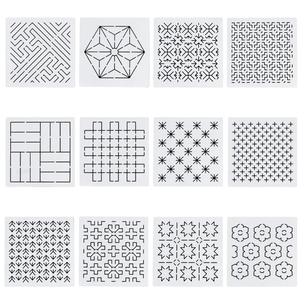 FREEBLOSS 12 plantillas de plástico Sashiko de 5.5 x 5.5 pulgadas, 12 patrones geométricos diferentes de bordado para Sashiko, acolchado a mano