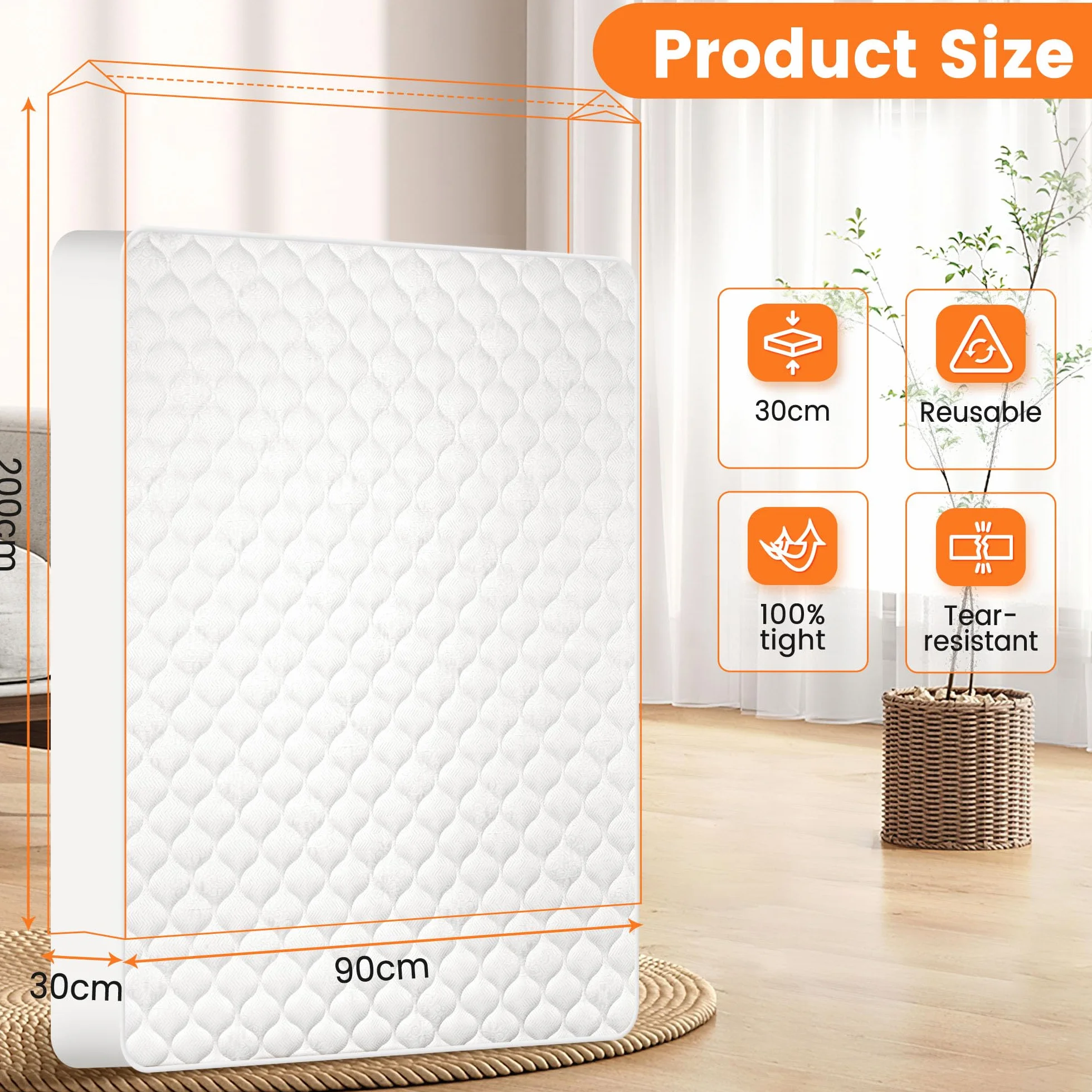 Funda Colchon Impermeable 90 x 200 cm (Grosor 30cm), Protector Colchon con una Práctica Cremallera Doble, Escabroso Apta para Mudanzas, Almacenamiento y Transporte