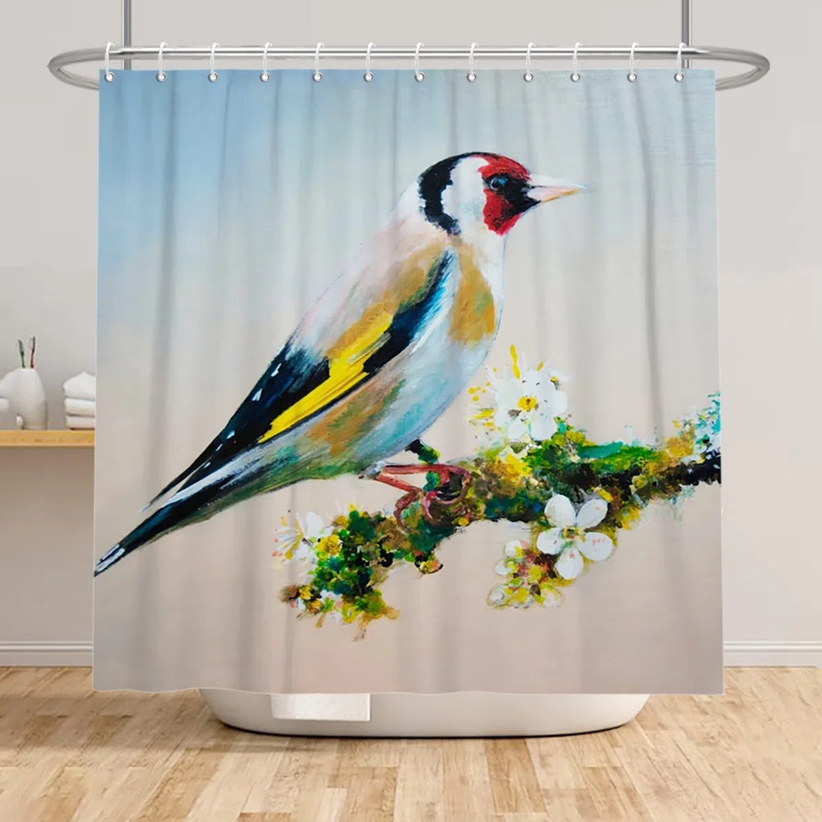 165x180cm Ländlich Vögel Drucken Duschvorhang Stieglitz on Äste Weiß Blume Weinlese Original Öl Klassische Malerei Kunstwerk Badezimmer Vorhang für Badewannen Dekor Sets mit Haken