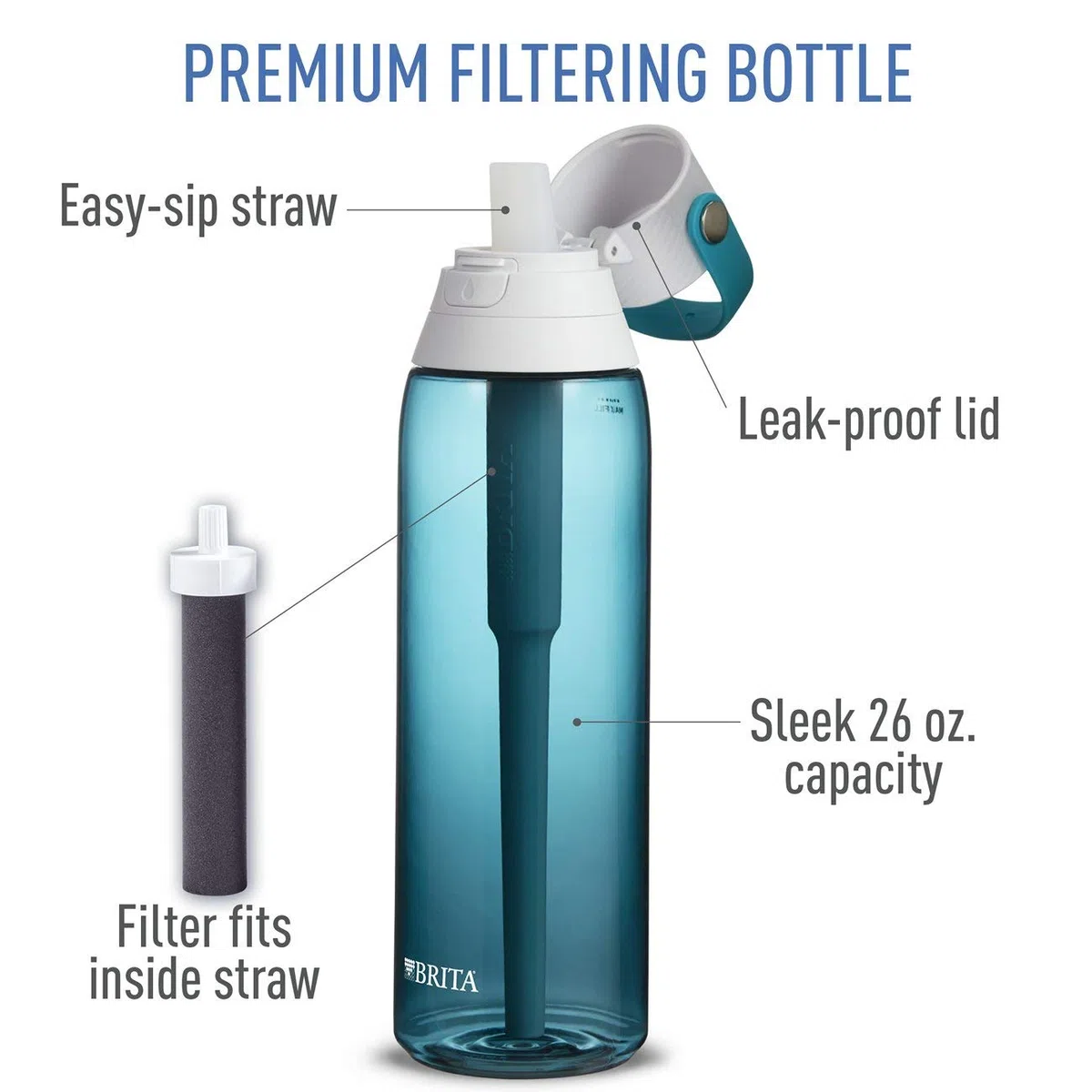 Brita Botella de agua con filtro, botella de agua filtrada de alta calidad de 26 onzas, sin BPA, vidrio de mar