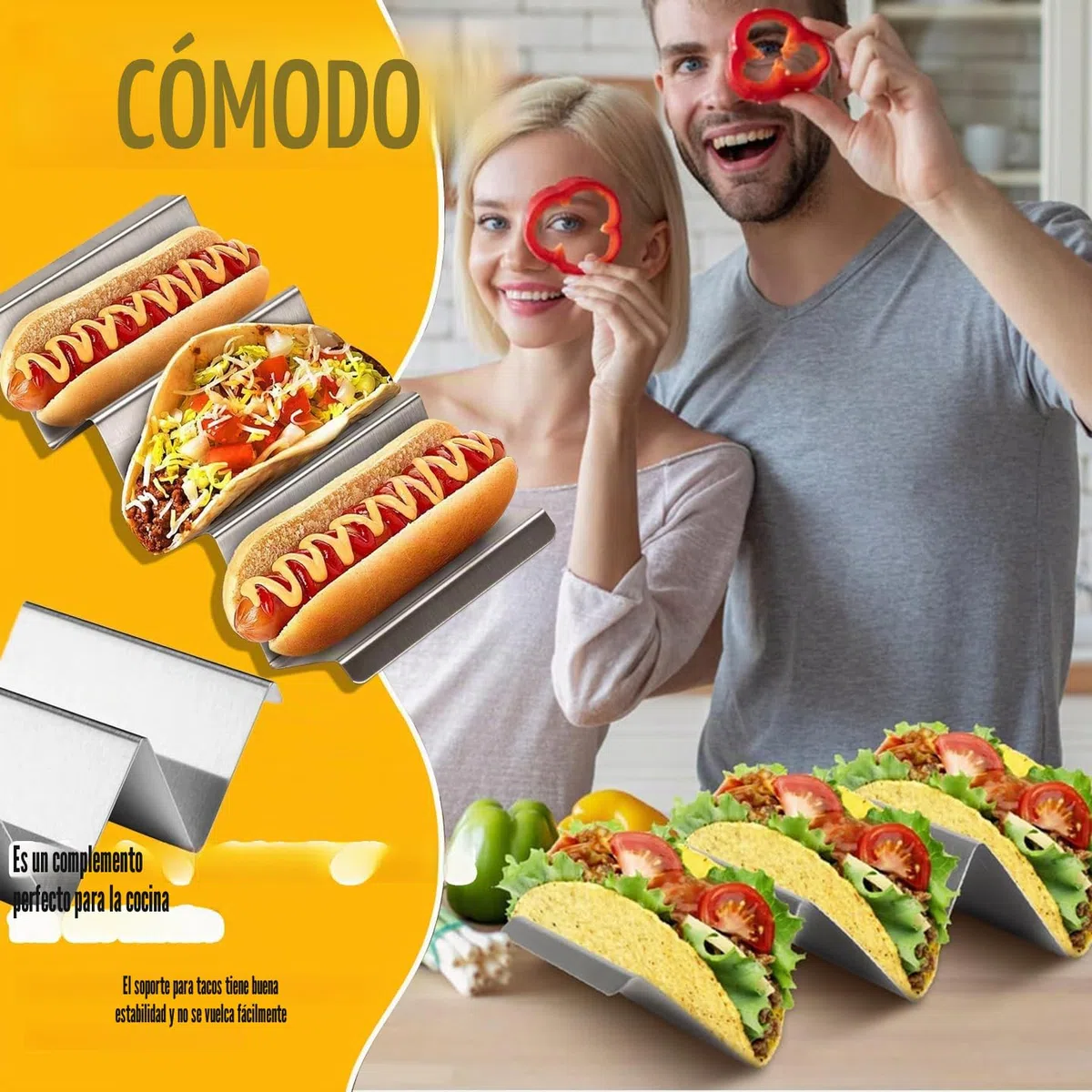 Soporte para Tacos, 4 Soportes para Tacos de Acero Inoxidable con Asas Incorporadas, Bandeja para Taco Burritos Tapas, Sujetar Tacos, Bocadillos, Perritos Calientes y Tortitas Seguro Horno y Parrilla