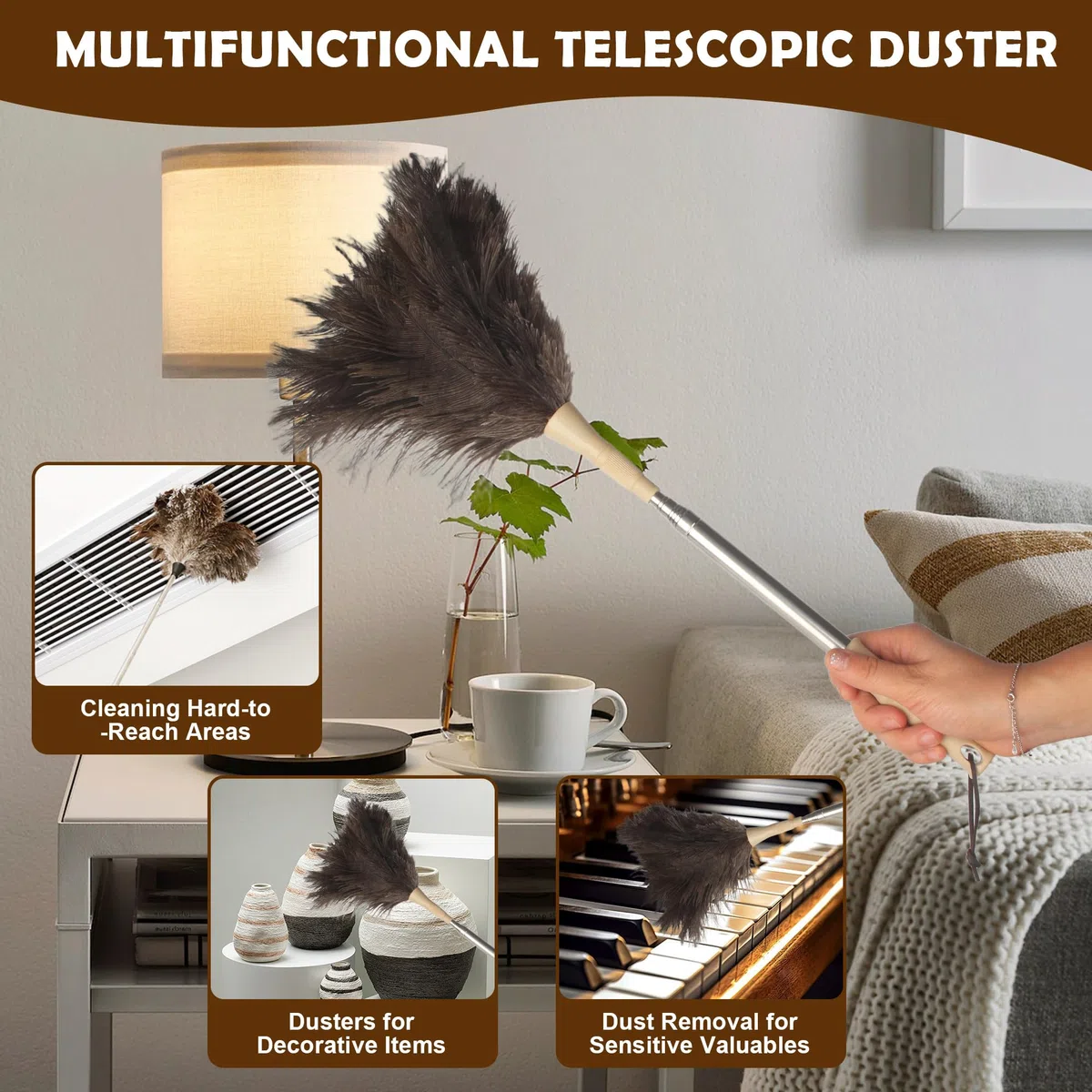 Plumero de Plumas de Avestruz, Plumero Telescopico Extensible hasta 186 cm,Lavable, Antiestático, no Raya, con Mango de, para Techos, Ventiladores de Techo, Muebles, Coches y Superficies