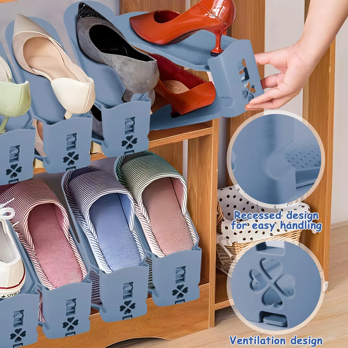 10 pcs Organizadores de Zapatos,Soporte de Calzado de Altura Ajustable,Zapatero Simple,Ranuras para Zapatos,Zapatos Ahorra Espacio, organizador de zapatos de doble cubierta.（neblina azul）