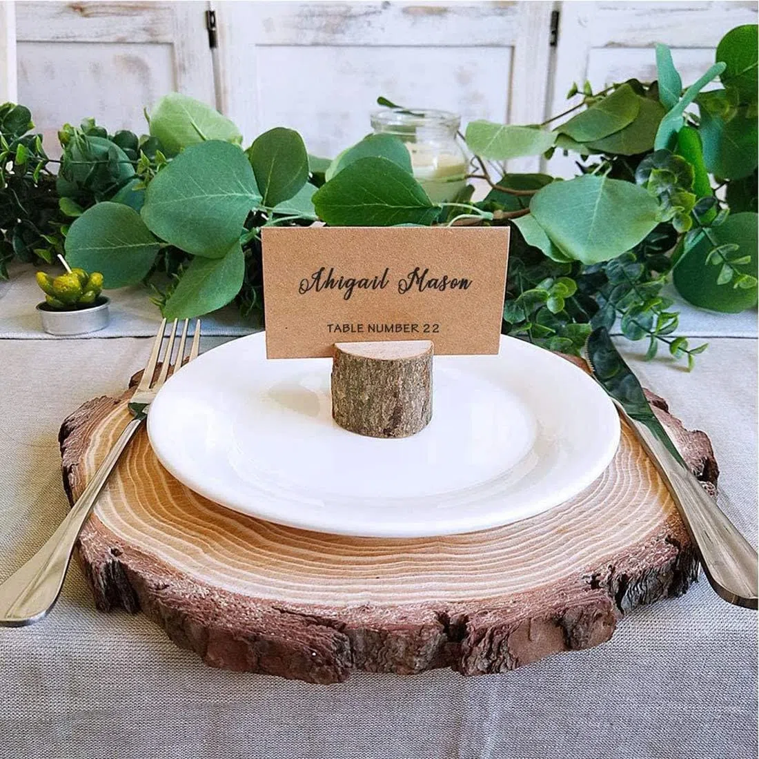 Portatarjetas de mesa rústico, madera auténtica, con corteza de madera, soporte para tarjetas de mesa, soporte para fotos, nombres, tarjetas para bodas, fiestas (30 soportes + 30 papeles de estraza)