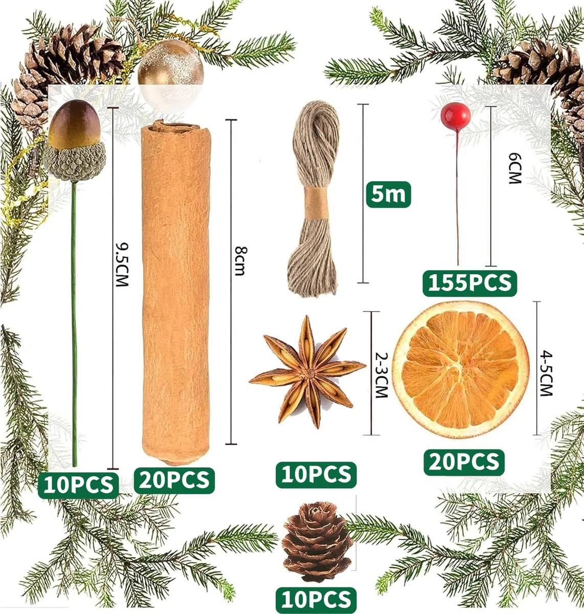 LATERN 225 Piezas Decoraciones para Coronas Navideñas, 20 Rodajas de Naranja, 20 Palos de Canela, 10 Piñas, 10 Anís Estrellado, 10 Bellotas, 155 Frutos Rojos - para Navideñas Fiestas Decoración