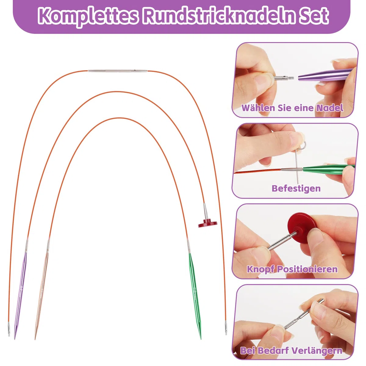 Coopay Juego de Agujas Circulares Intercambiables para Tejer Punto, 3,0-10 mm, Agujas Circulare (40cm/60cm/80cm/100cm), Aguja con Bolsa Almacenamiento, 13 Pares Aguja Circulares - Púrpura