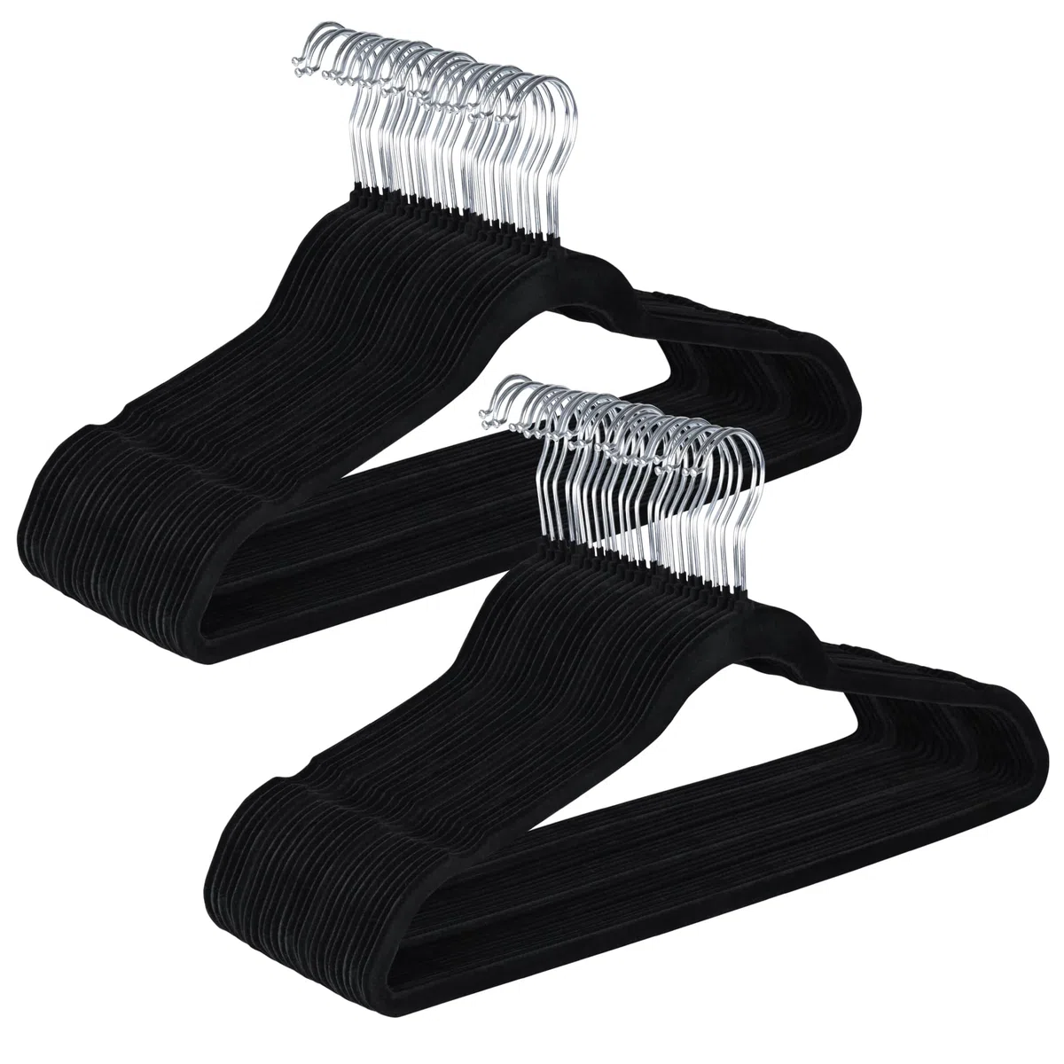 Pack de 50 Perchas de Ropa plástico Terciopelo Negro Antideslizante Cabezal Giratorio Finas para Camisetas Pantalones Camisas. Ahorra Espacio. Ranuras para Hombros.