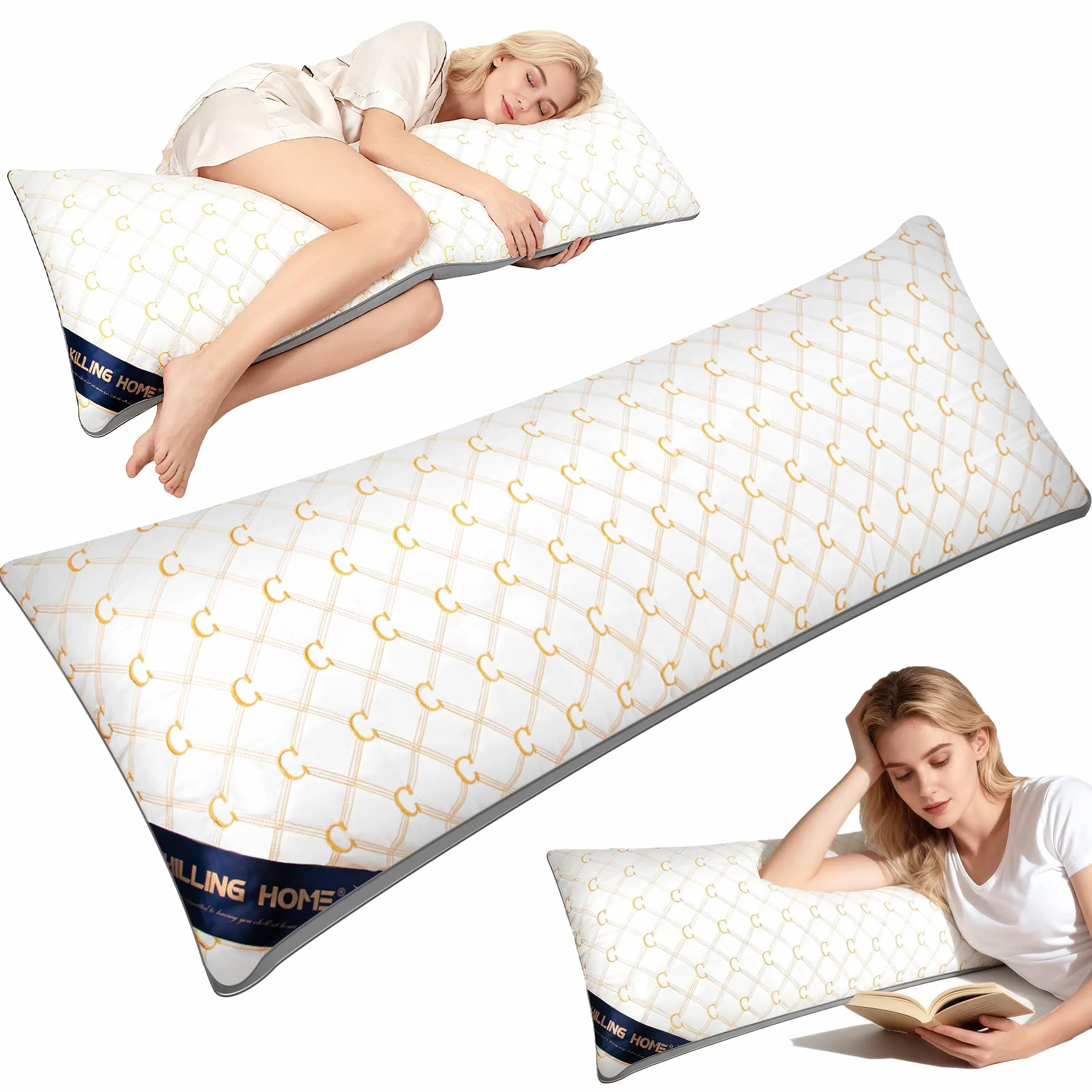 Chilling Home Almohada para dormir de lado con funda, almohada bordada para embarazo, cojín de lactancia, almohada larga para dormir de lado (blanco y dorado)