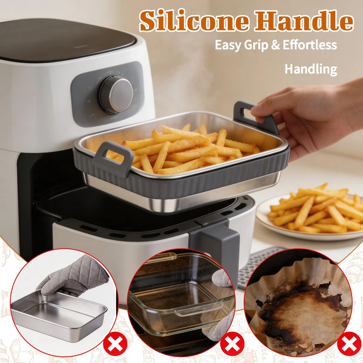 Complementos Freidora de Aire de Acero Inoxidable Compatibles Ni-nj-a Accesorios Airfryer Resistentes con Escurridor Aceite y Tapa Recipiente Air Fryer Multifunción para Hornear Freír y Asar