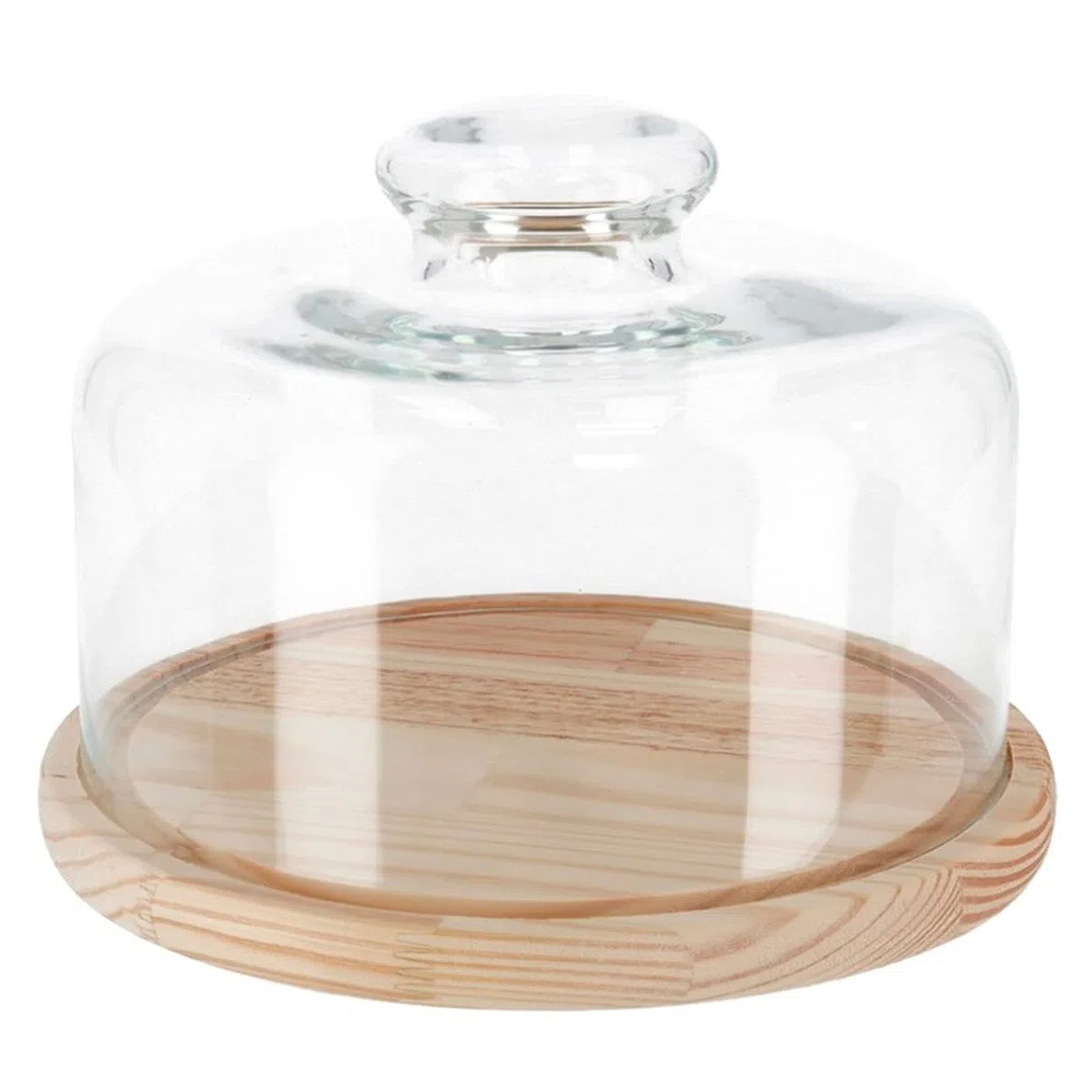 Tradineur - Quesera redonda con base de madera y tapa de cristal, recipiente para guardar quesos o embutidos, presentación de alimentos, 19,3 x 9 cm