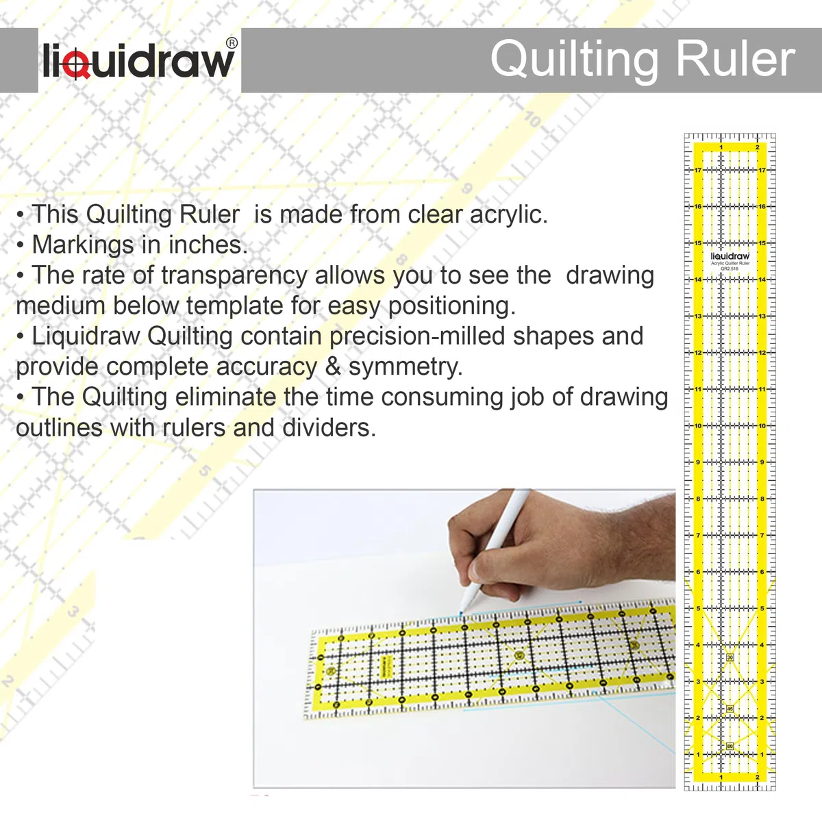Liquidraw Regla de acolchado – 2.5 x 18 pulgadas | Acrílico transparente | Marcas de medición imperiales transparentes y atrevidas | Plantilla rectangular de patchwork | Ideal para acolchar, coser y