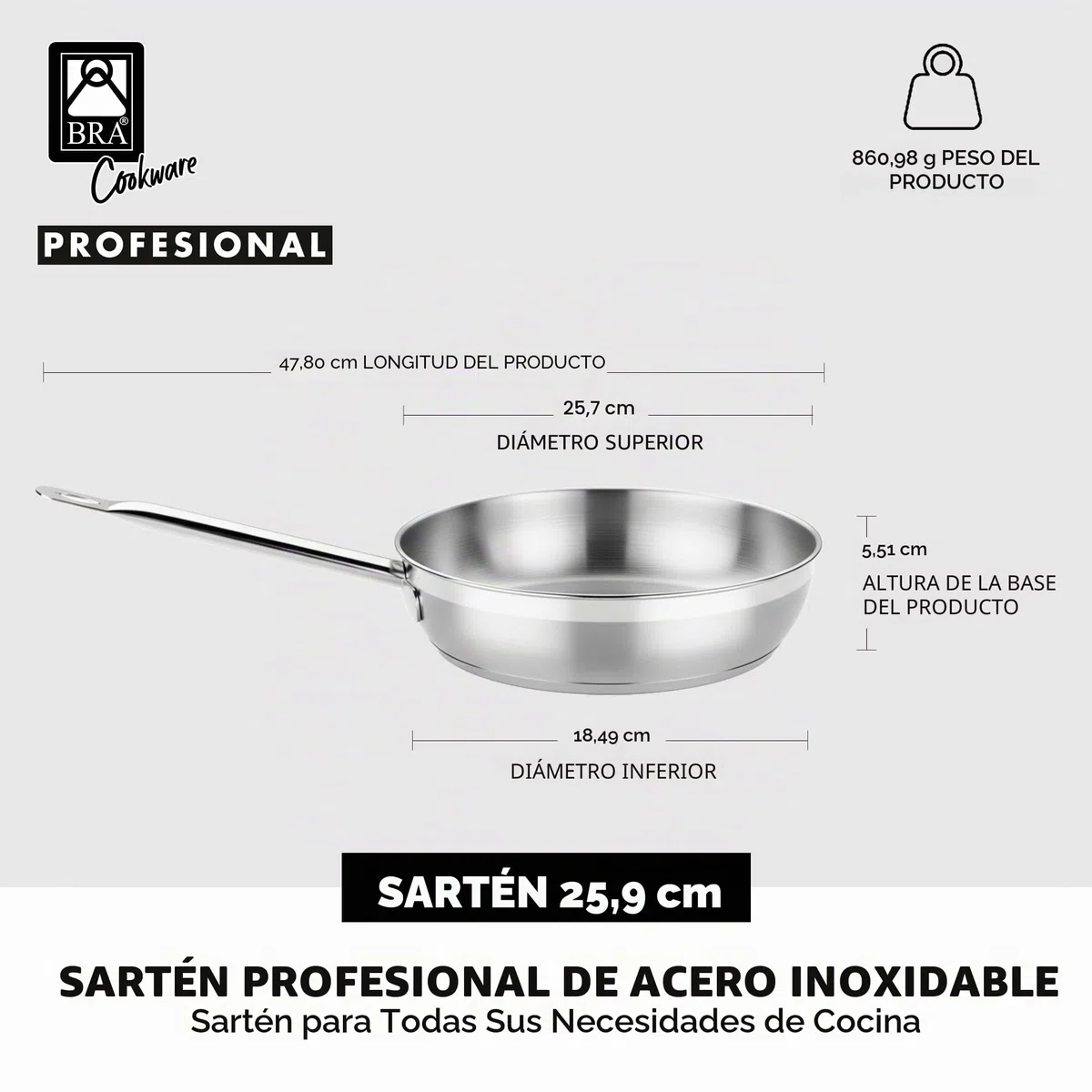 BRA A121612 Profesional Sartén, 24 cm, Acero Inoxidable, 18/10, Triple Fondo difusor sin Antiadherente, Full Induction, Mango ergonómico, Plateado