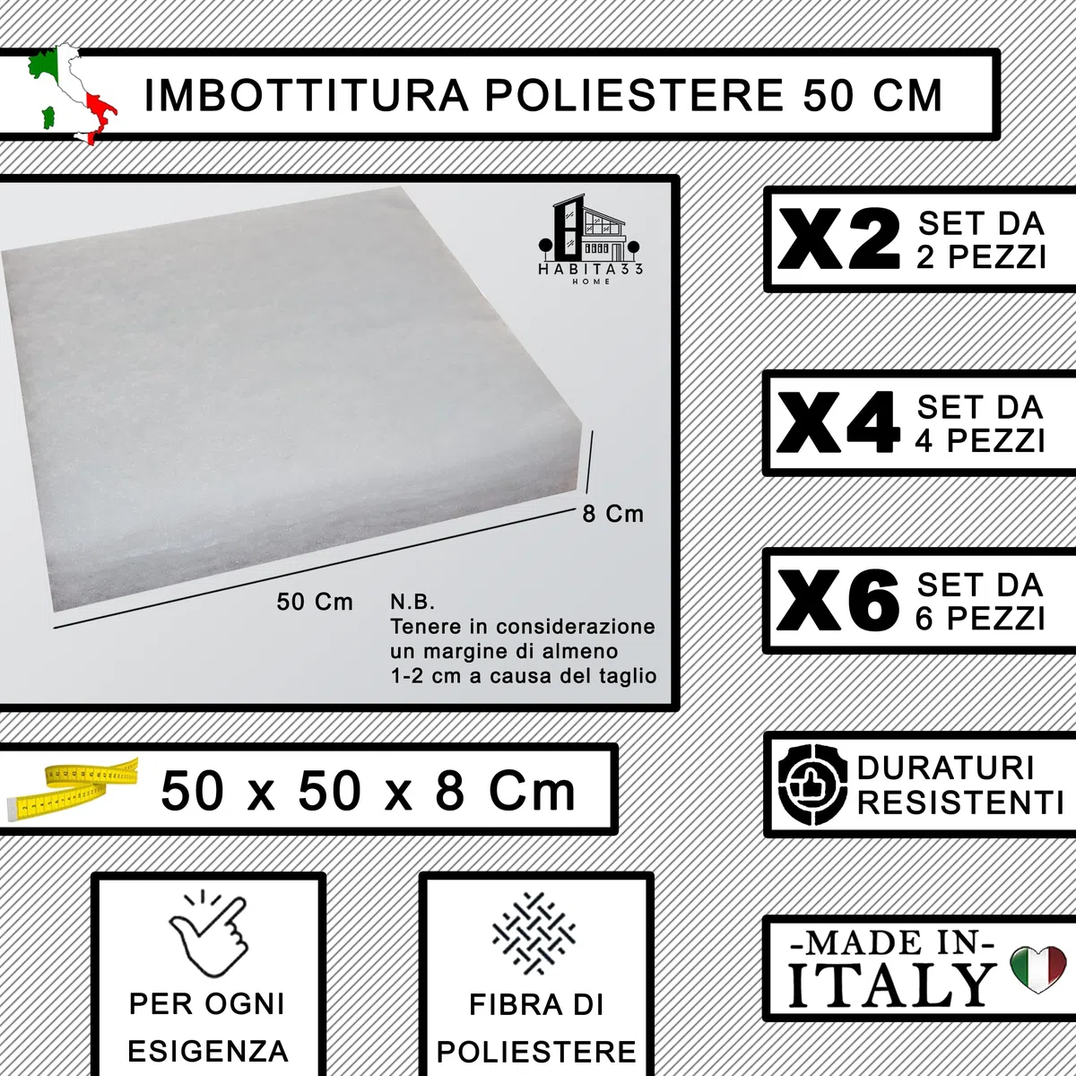 Relleno de Cojines 50x50 cm – Set de 4 – Almohadas Interiores para Sillas y Exteriores – Espuma Fabricación Italiana (4 Poliestere, 50x50 cm)