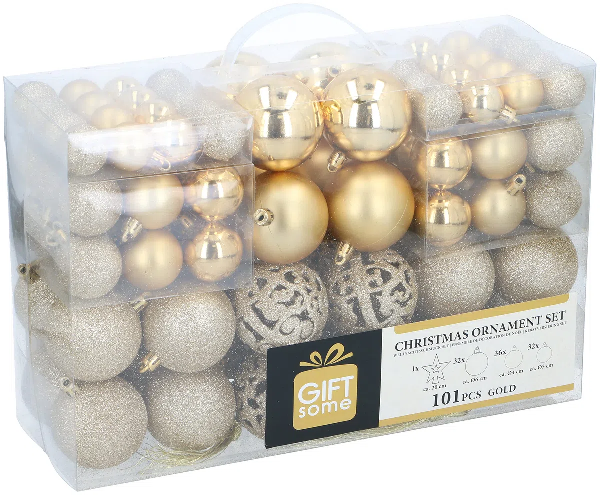 Christmas Gifts Bolas de Navidad Doradas - 101 Piezas Adornos Navideños - Adornos Navideños Plástico - Ø3/4/6 CM - para Uso en Interiores y al Aire Libre - con Ganchos de Bolas de Navidad