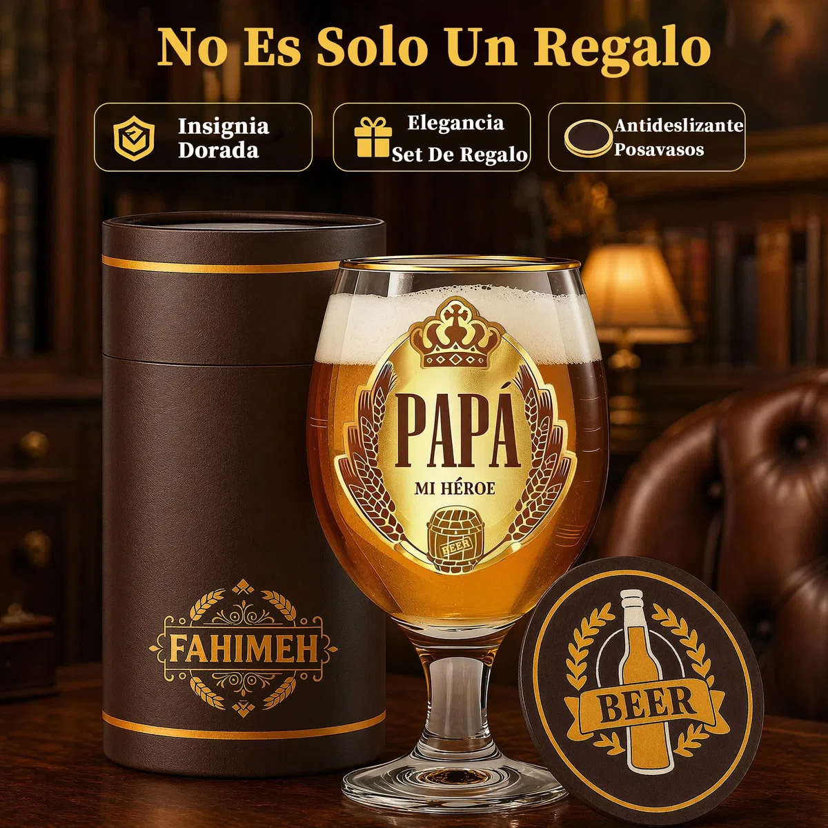 FAHIMEH Regalo Papá, Regalos Dia del Padre Cumpleaños Aniversario Navidad Jarra de Cerveza, de Hijos e Hijas Originales Ideas Hombres Presentes con Posavasos, 400ml